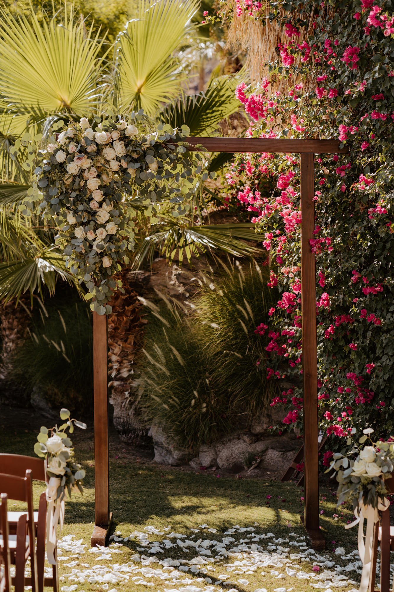 Simple and elegant ceremony arch at The O’Donnell House wedding in Palm Springs