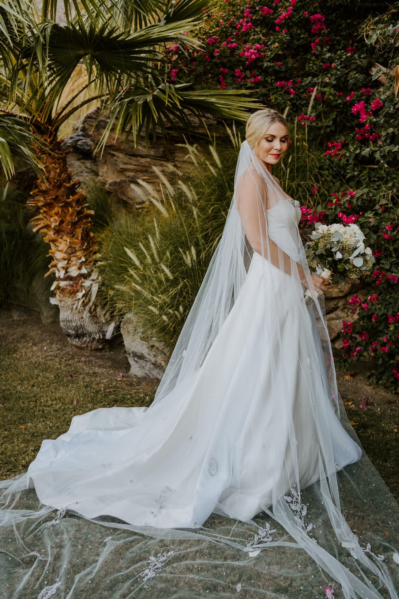 Elegant and classic bride with cathedral veil at The O’Donnell House wedding in Palm Springs, vibrant southern california wedding photography by Tida Svy