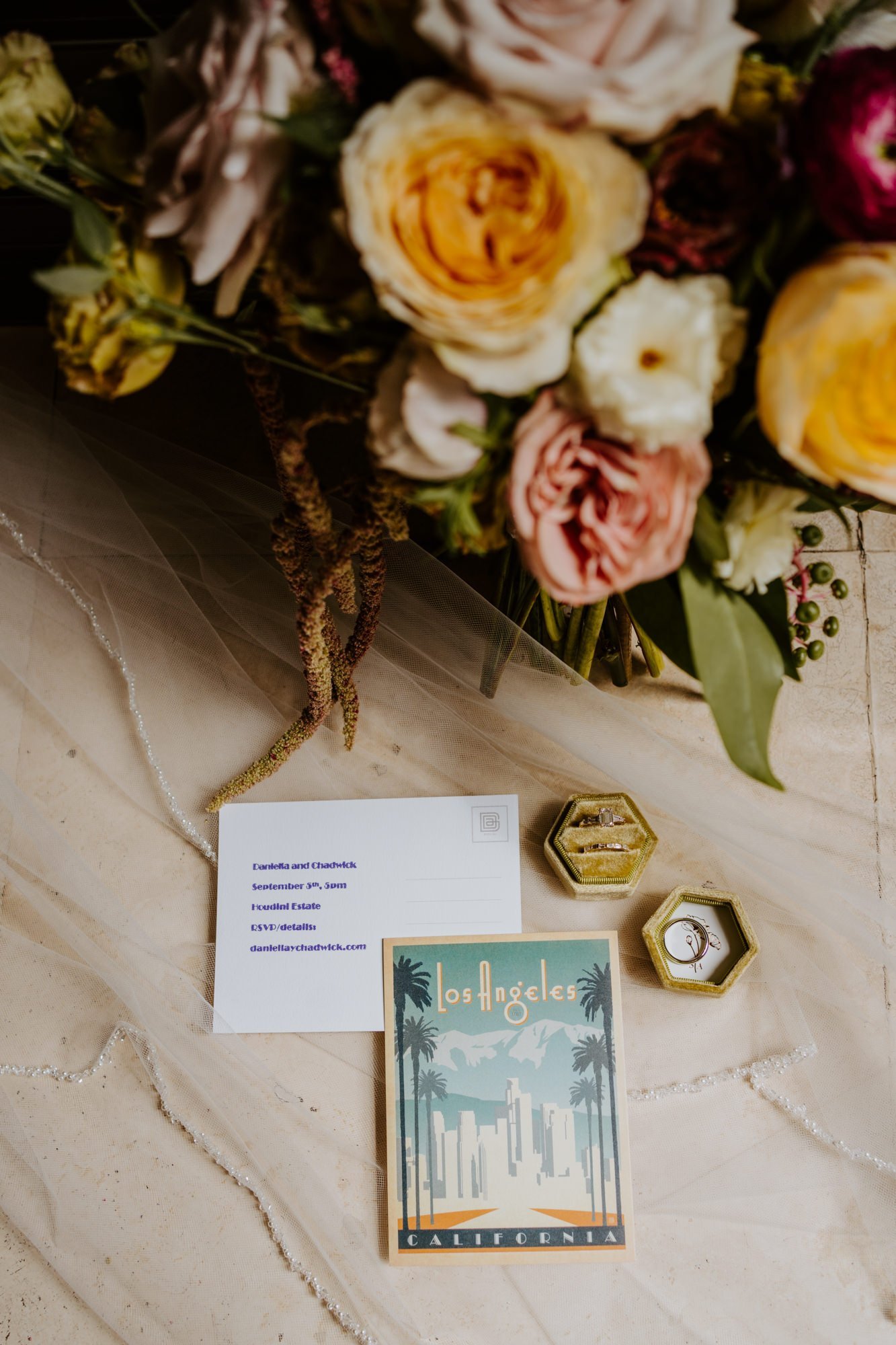 Los Angeles wedding invitation postcard and bridal details at The Houdini Estate Wedding, Los Angeles Wedding Photography by Tida Svy