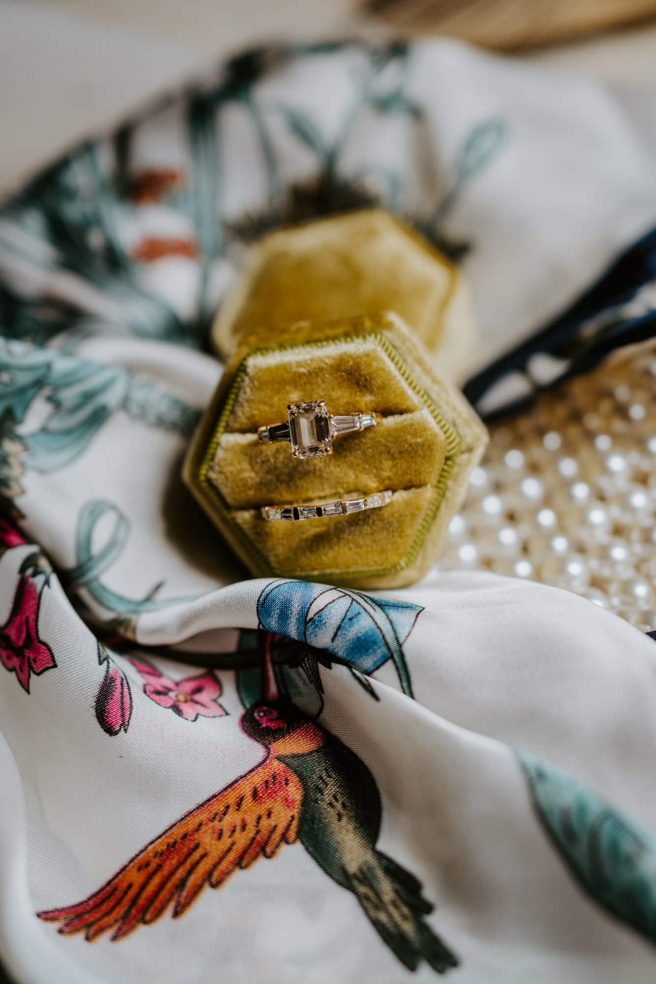 Mustard velvet wedding ring box at The Houdini Estate Wedding, Los Angeles Wedding Photography by Tida Svy