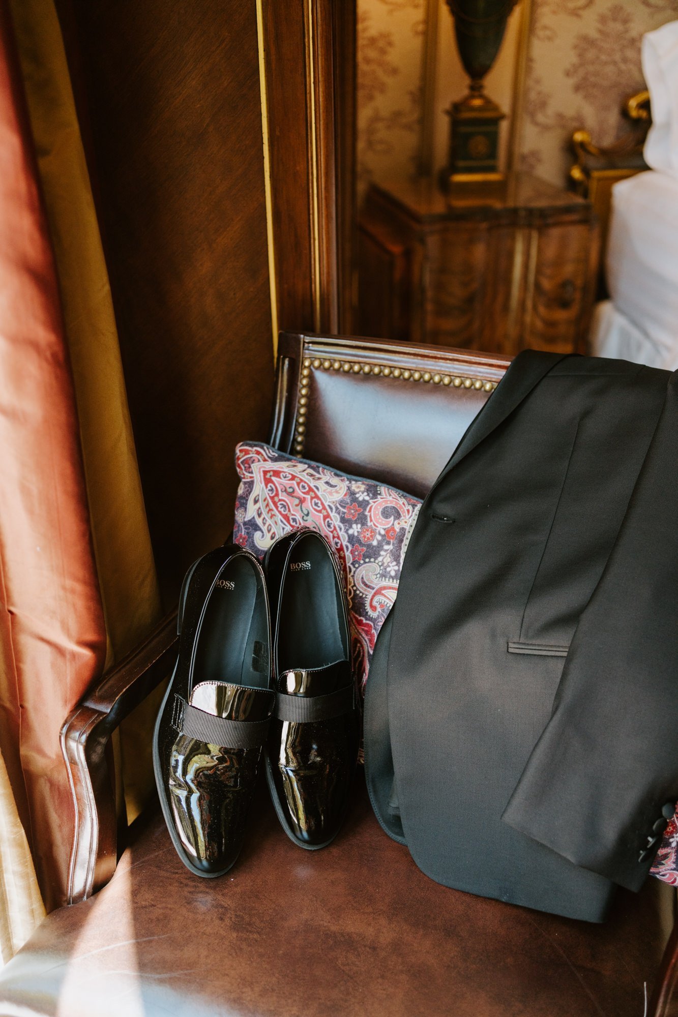 Groom jacket and shoes detail photo gettng ready at The Houdini Estate wedding, Los Angeles wedding photography by Tida Svy
