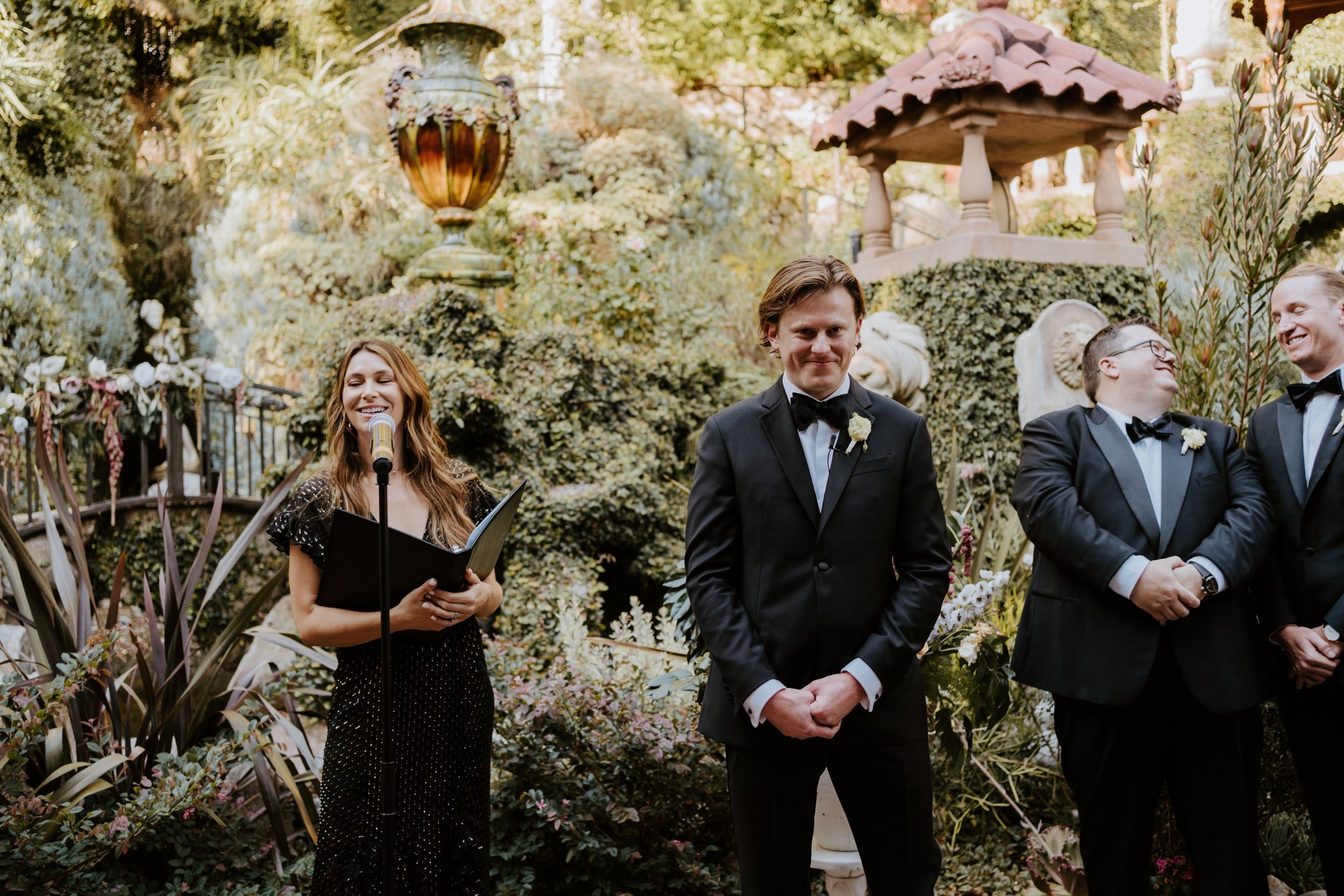 Groom at wedding ceremony at The Houdini Estate Wedding Los Angeles photography by Tida Svy