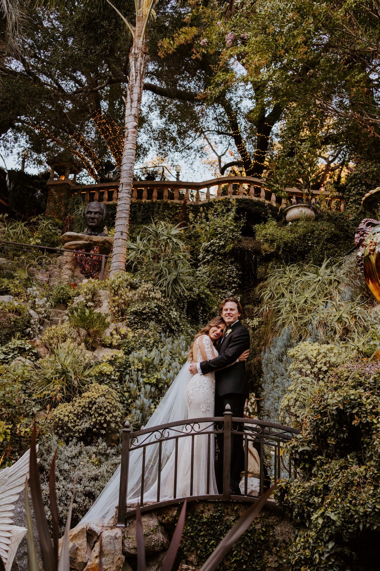 Romantic wedding portrait, bride and groom on bridge at The Houdini Estate in Los Angeles, wedding photography by Tida Svy