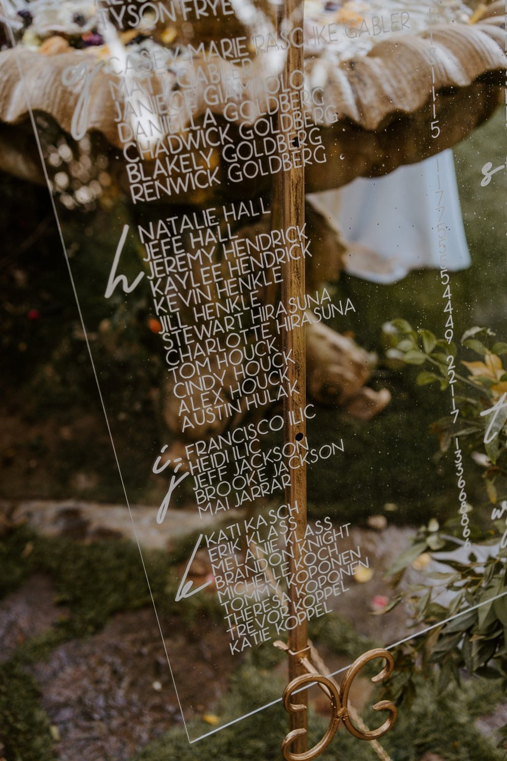 Clear acrylic wedding seating chart at The Houdini Estate wedding in Los Angeles, wedding photography by Tida Svy
