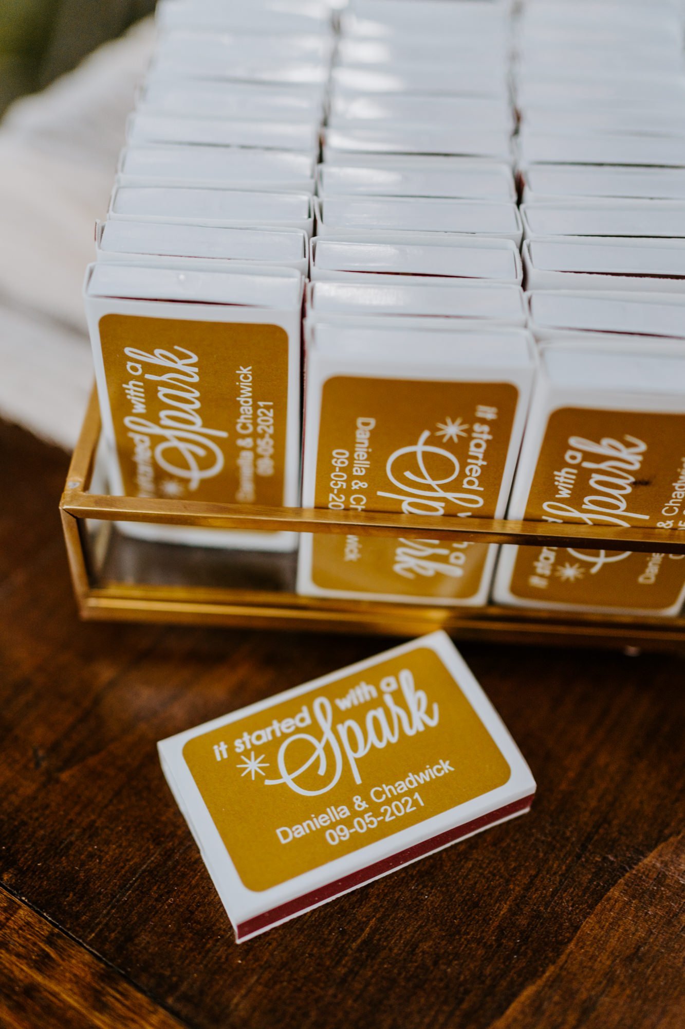 Gold matchbook wedding favors, Whimsical romantic wedding reception details at The Houdini Estate wedding in Los Angeles, wedding photography by Tida Svy