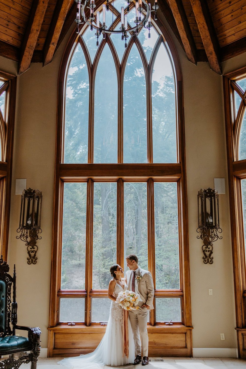 Bride and groom romantic couples photos at Castle in the Forest in lake arrowhead, airbnb wedding, Photo by Tida Svy