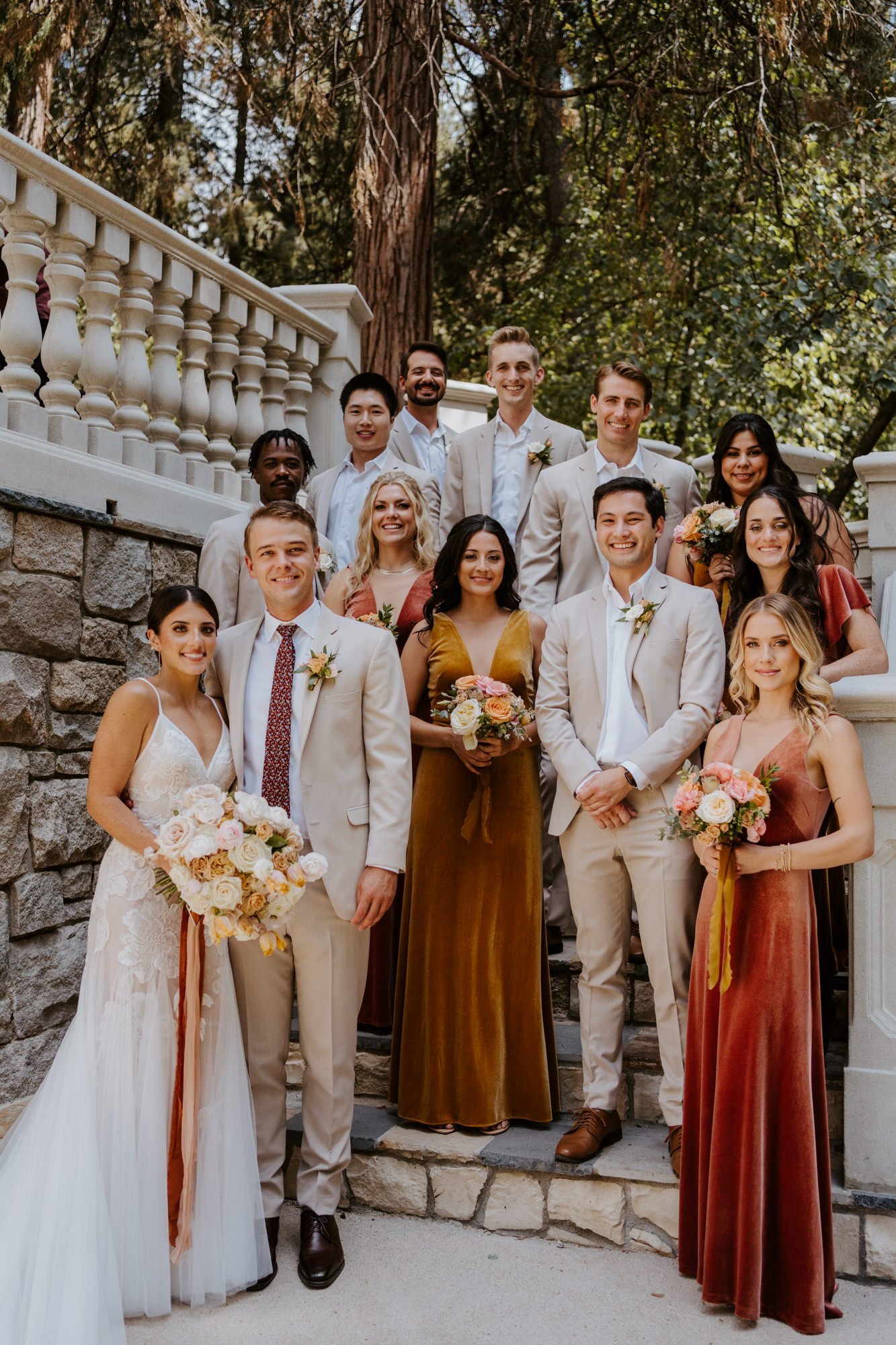 Rose gold and mustard velvet beige and neutral wedding party, fall enchanted forest bridesmaid inspo, castle in the forest lake arrowhead airbnb wedding, photo by Tida Svy