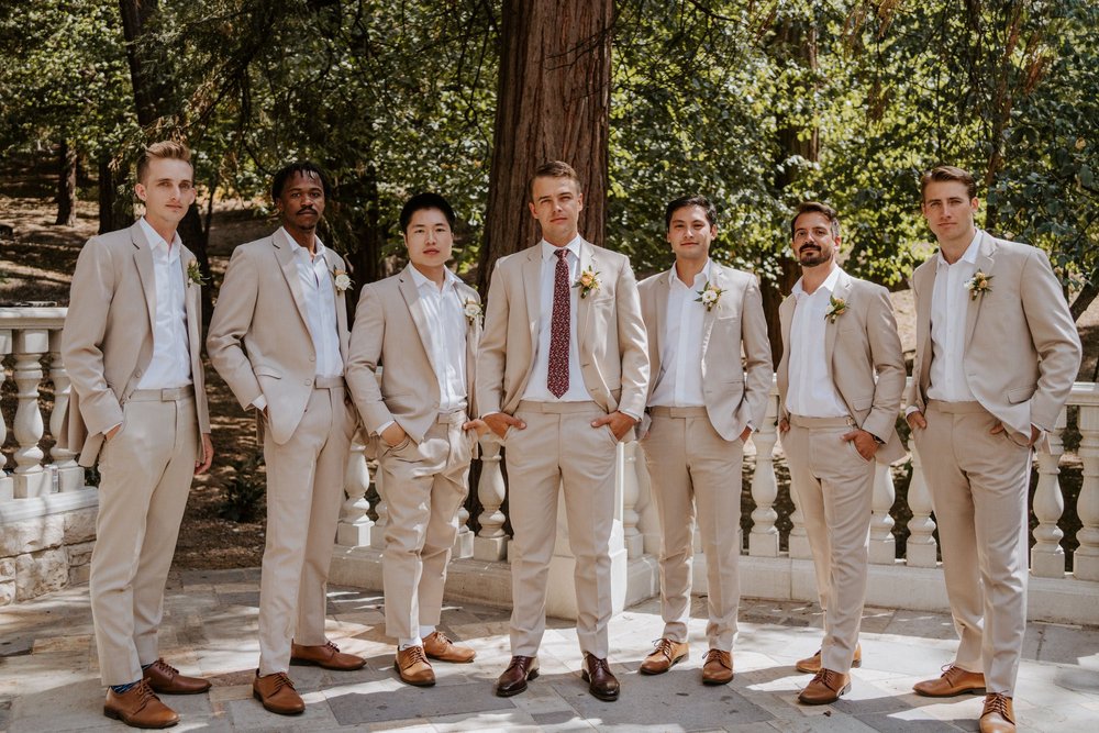 Beige and neutral groomsmen inspo, castle in the forest lake arrowhead airbnb wedding, photo by Tida Svy