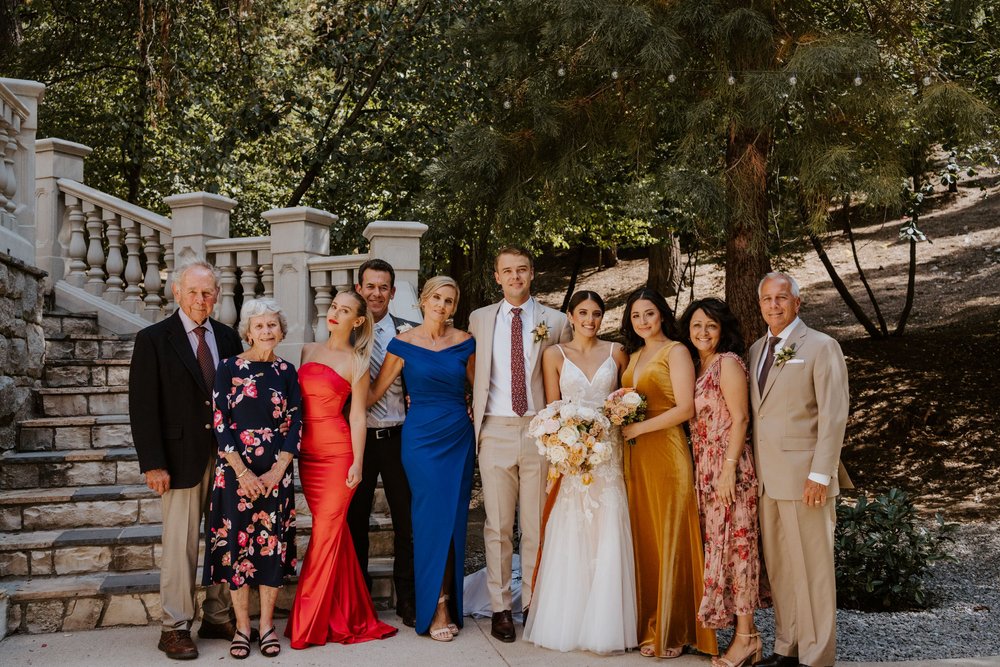 Wedding family photo, castle in the forest lake arrowhead airbnb wedding, photo by Tida Svy