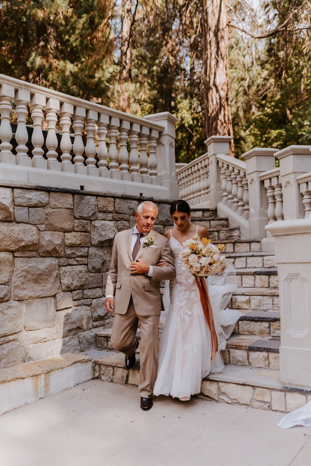 Father of the bride walking bride down the aisle, Castle in the Forest Lake Arrowhead Wedding Ceremony Set Up,  Photo by Tida Svy
