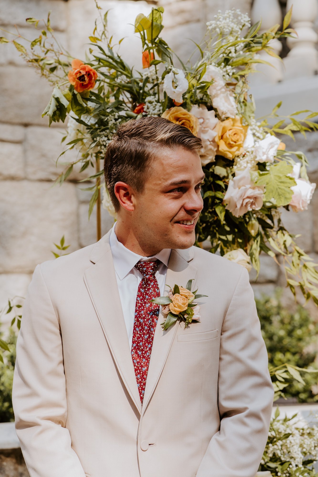 Groom emotional reaction to Bride walking down the aisle, Castle in the Forest Lake Arrowhead Wedding Ceremony Set Up,  Photo by Tida Svy