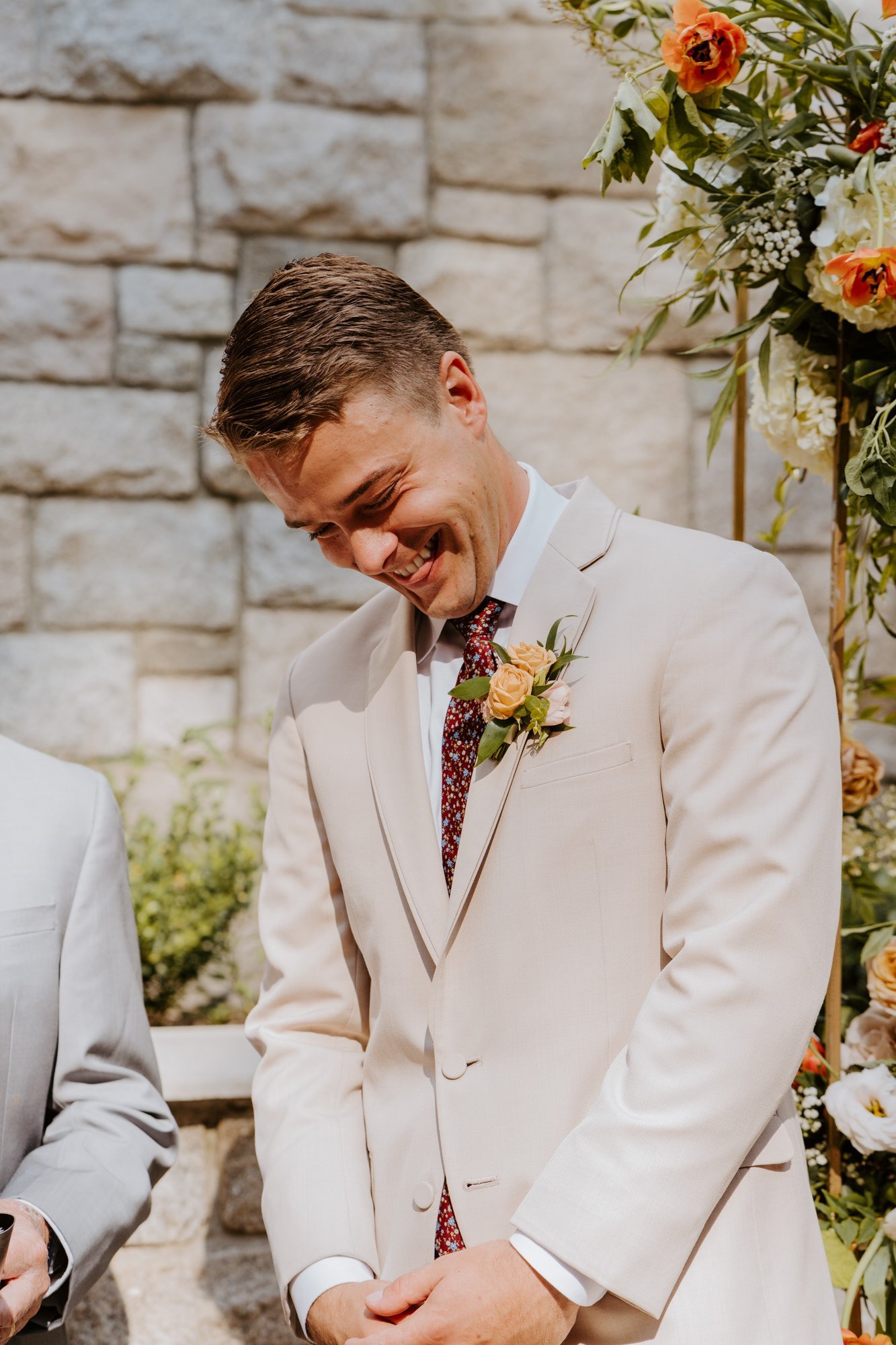 Groom emotional reaction to Bride walking down the aisle, Castle in the Forest Lake Arrowhead Wedding Ceremony Set Up,  Photo by Tida Svy