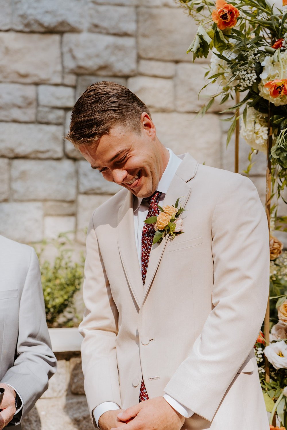 Groom emotional reaction to Bride walking down the aisle, Castle in the Forest Lake Arrowhead Wedding Ceremony Set Up,  Photo by Tida Svy