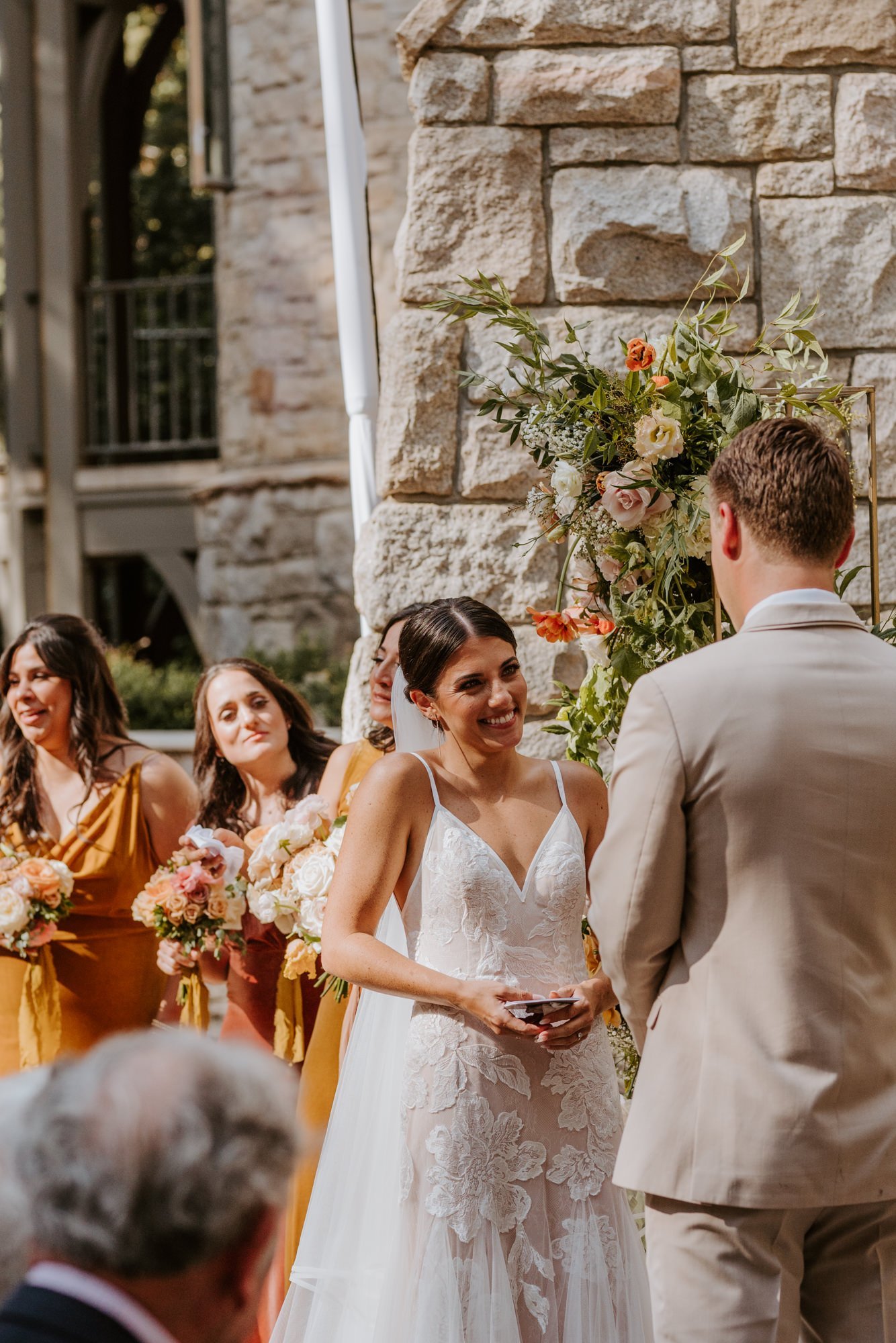 Emotional and candid bride and groom reading vows at wedding ceremony, Castle in the Forest Lake Arrowhead Wedding Ceremony,  Photo by Tida Svy