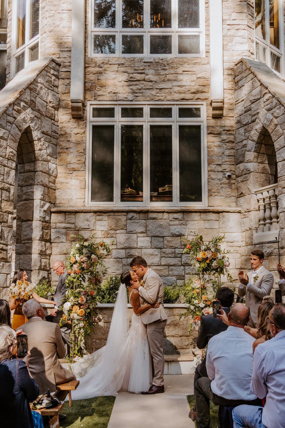 Bride and Groom first kiss, Castle in the Forest Lake Arrowhead Wedding Ceremony,  Photo by Tida Svy