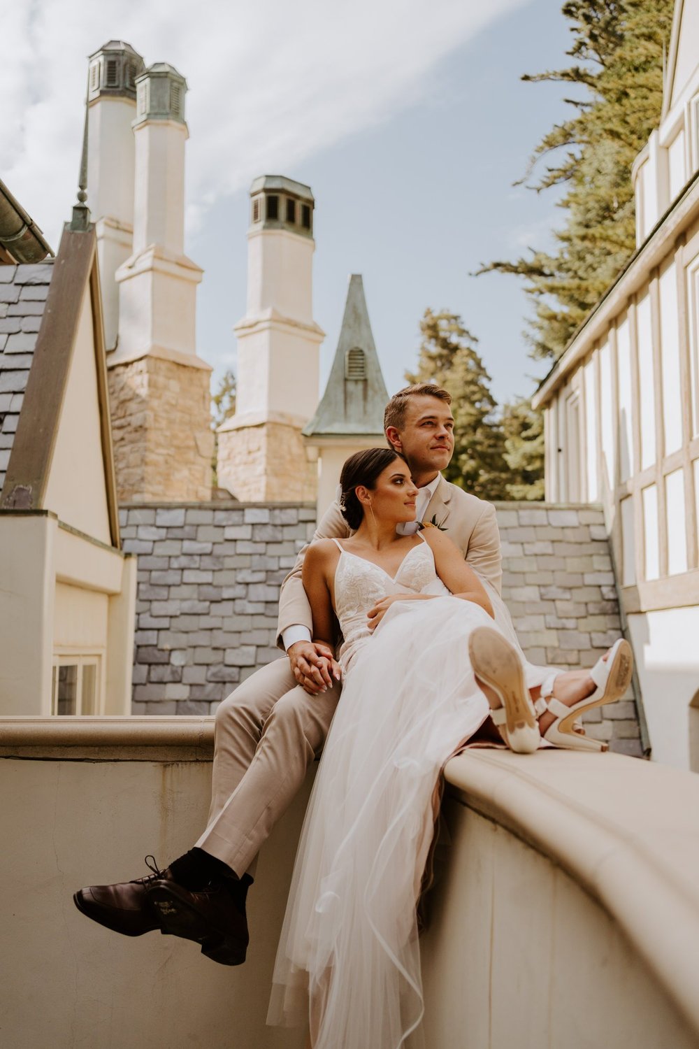 Bride and Groom portrait on magical castle at Castle in the Forest in Lake Arrowhead, Castle Airbnb wedding in southern california, Photo by Tida Svy