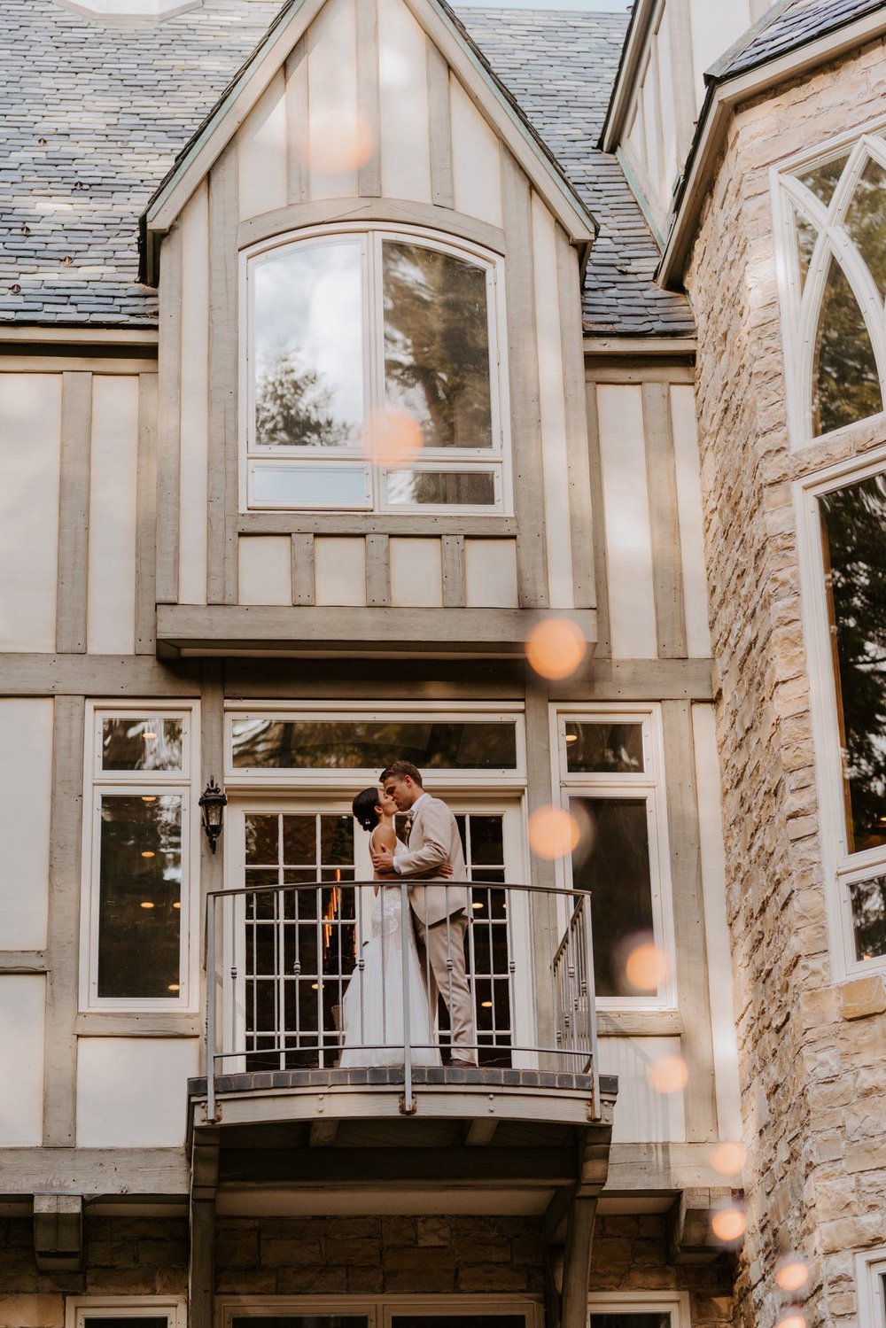 Bride and Groom portrait on magical castle at Castle in the Forest in Lake Arrowhead, Castle Airbnb wedding in southern california, Photo by Tida Svy
