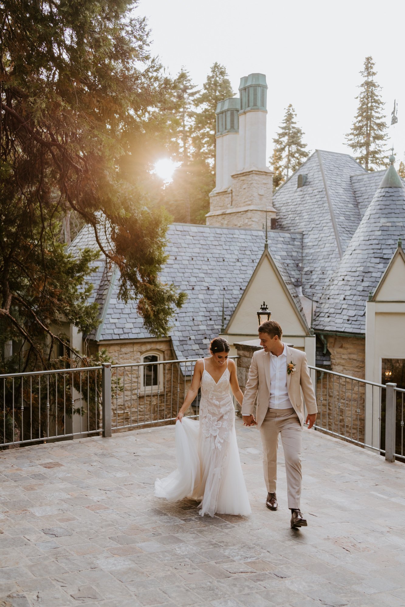 Romantic intimate and candid Bride and Groom portrait at Castle in the Forest in Lake Arrowhead, Castle Airbnb wedding in southern california, Photo by Tida Svy