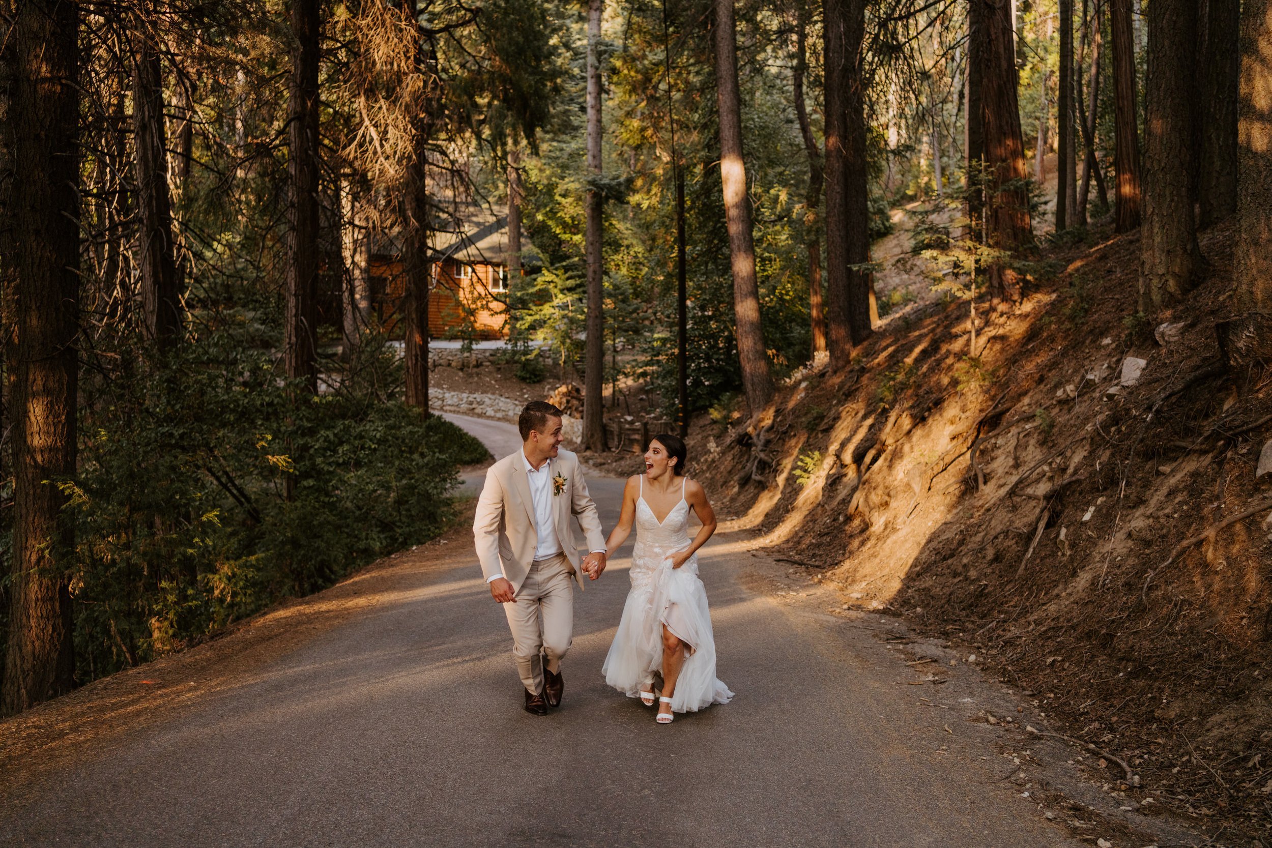 Romantic golden hour intimate and candid Bride and Groom portrait at Castle in the Forest in Lake Arrowhead, Castle Airbnb wedding in southern california, Photo by Tida Svy