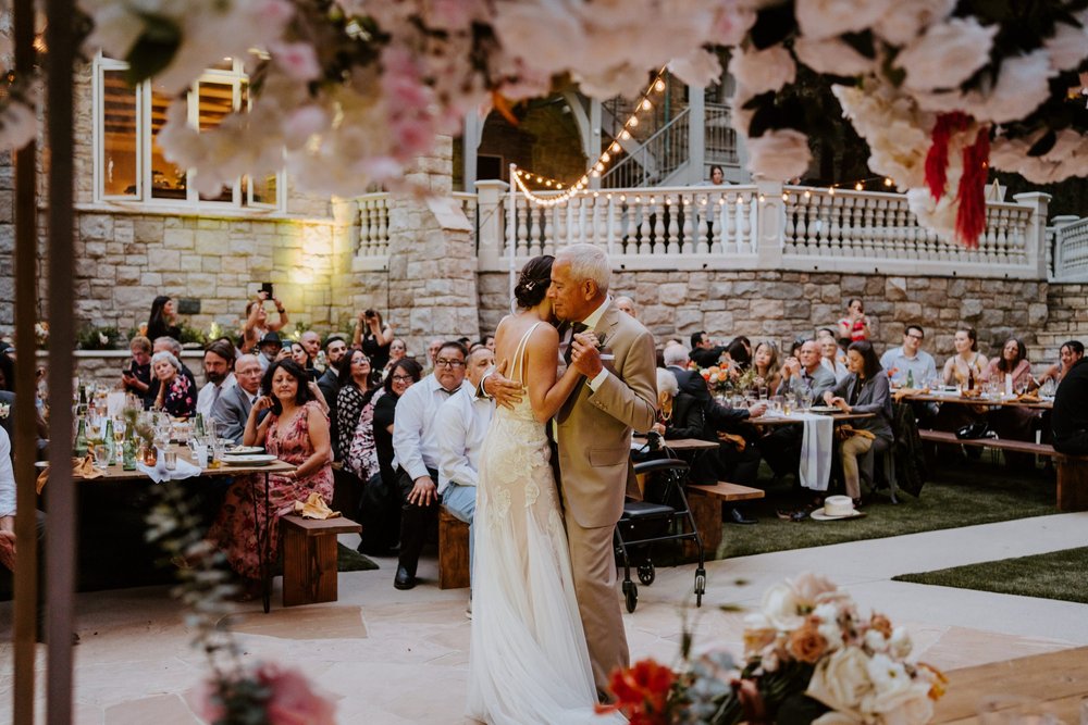 Bride and father of the bride dance, Castle in the Forest Lake Arrowhead airbnb wedding, Photo by Tida Svy