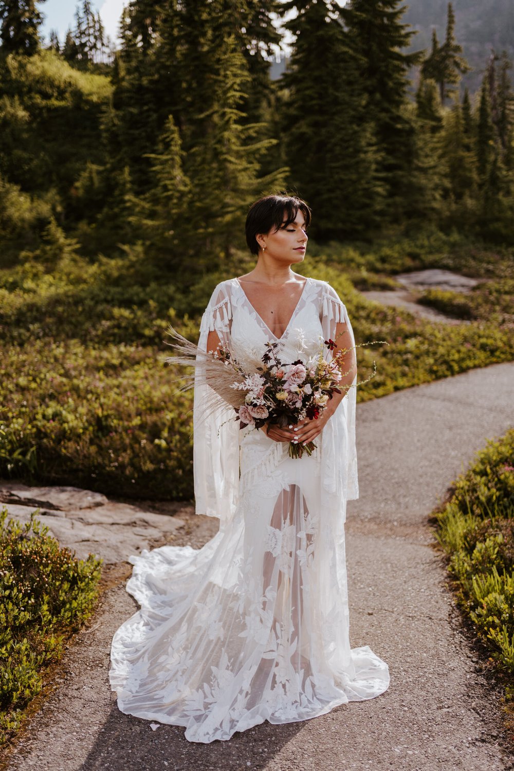 North Cascades National Park Elopement at Picture Lake, lesbian couple, rue de seine dress, beige boho wedding outfits, Photography by Tida Svy | www.tidasvy.com