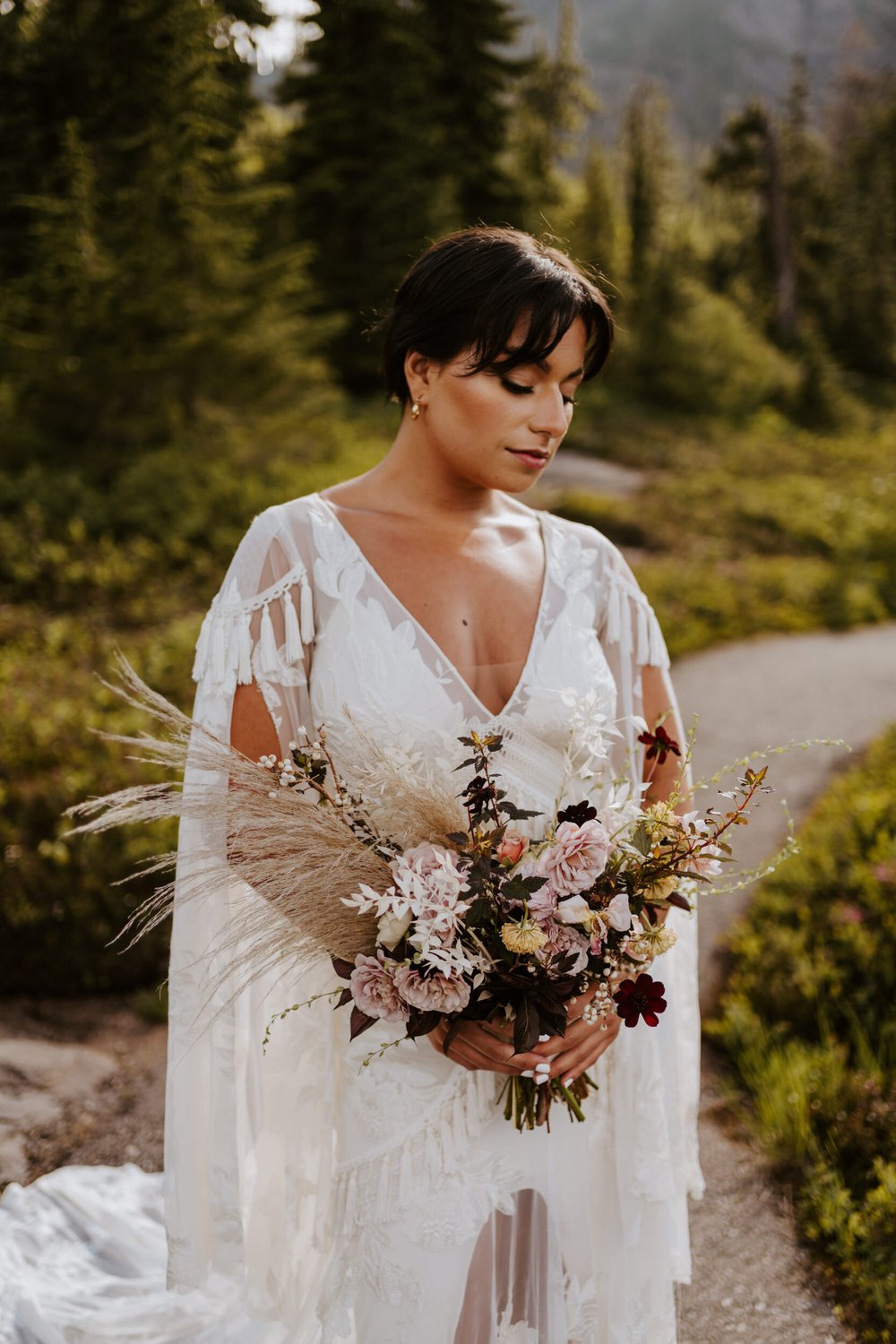 North Cascades National Park Elopement at Picture Lake, rue de seine dress, beige boho bride, Photography by Tida Svy | www.tidasvy.com