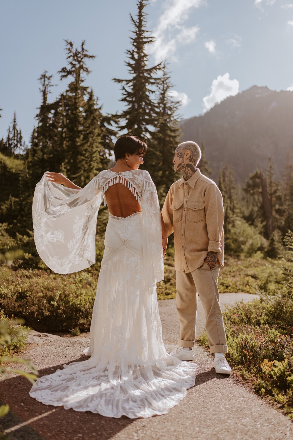 North Cascades National Park Elopement at Picture Lake, rue de seine dress, beige boho bride, Photography by Tida Svy | www.tidasvy.com