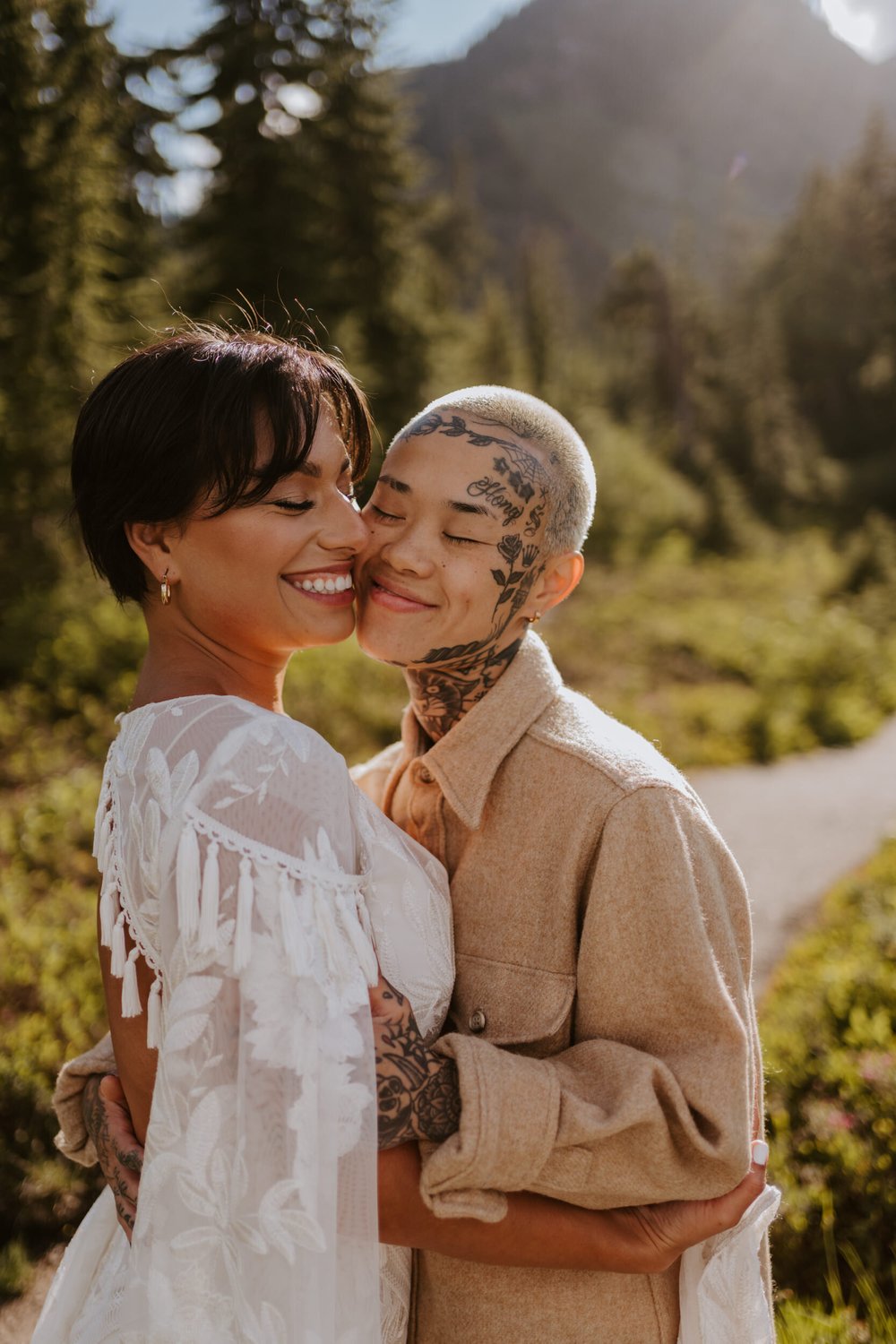 North Cascades National Park Elopement at Picture Lake, edgy lesbian couple with tattoos, two brides, candid vibrant happy wedding photos, Photography by Tida Svy | www.tidasvy.com