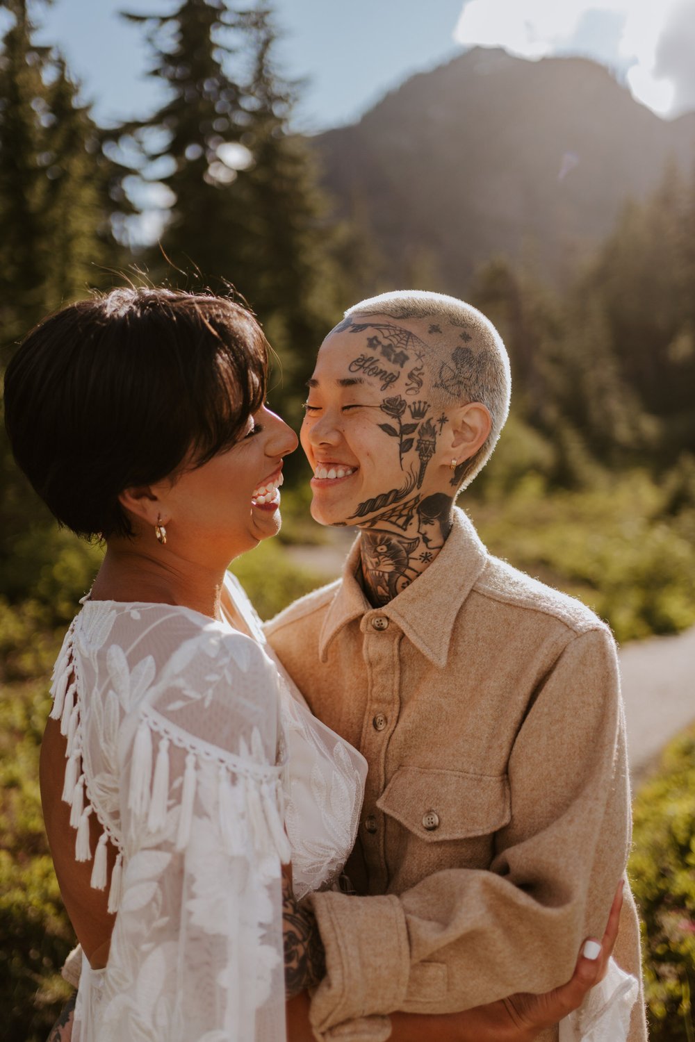 North Cascades National Park Elopement at Picture Lake, edgy lesbian couple with tattoos, two brides, candid vibrant happy wedding photos, Photography by Tida Svy | www.tidasvy.com