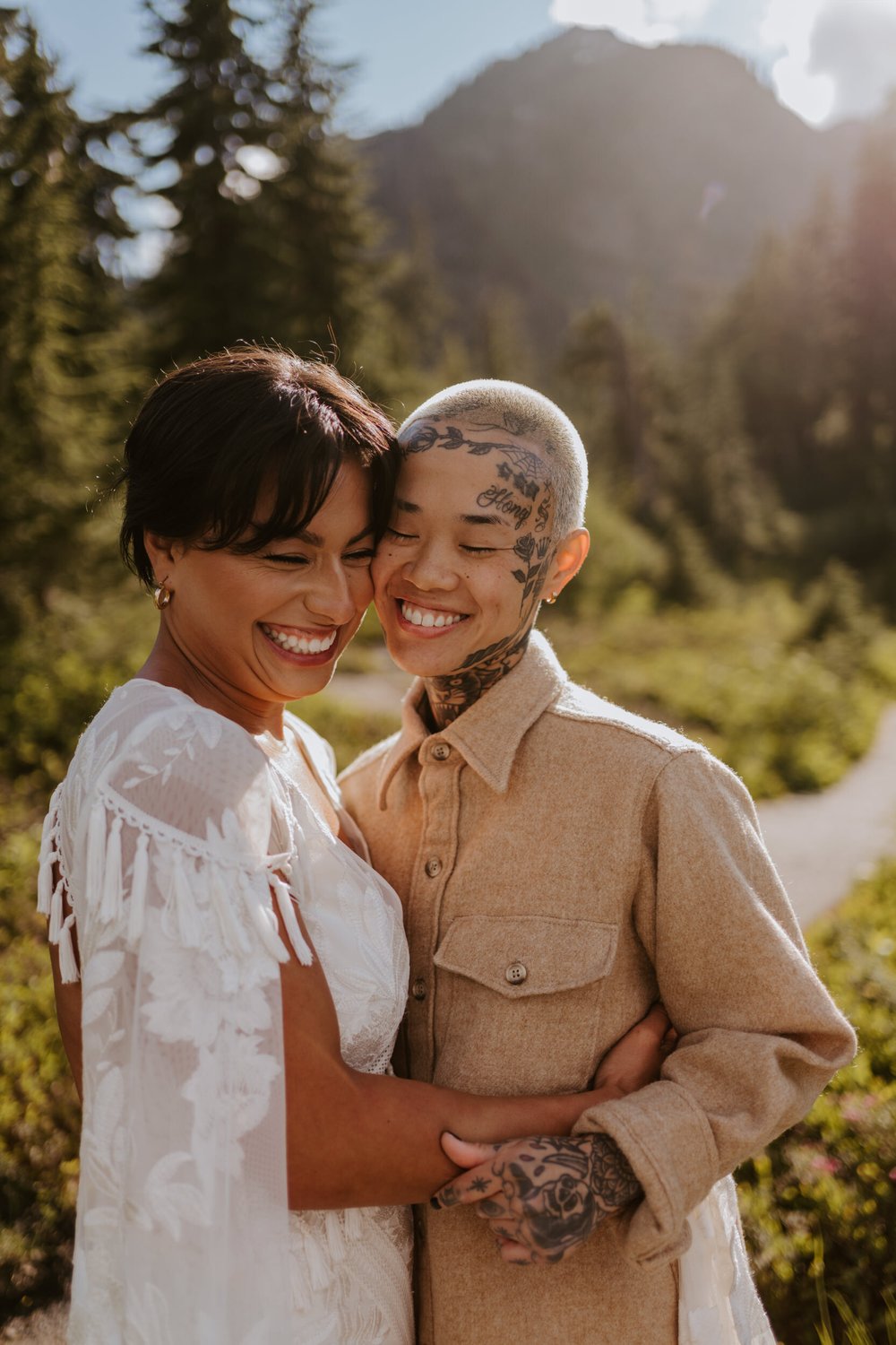 North Cascades National Park Elopement at Picture Lake, edgy lesbian couple with tattoos, two brides, candid vibrant happy wedding photos, Photography by Tida Svy | www.tidasvy.com