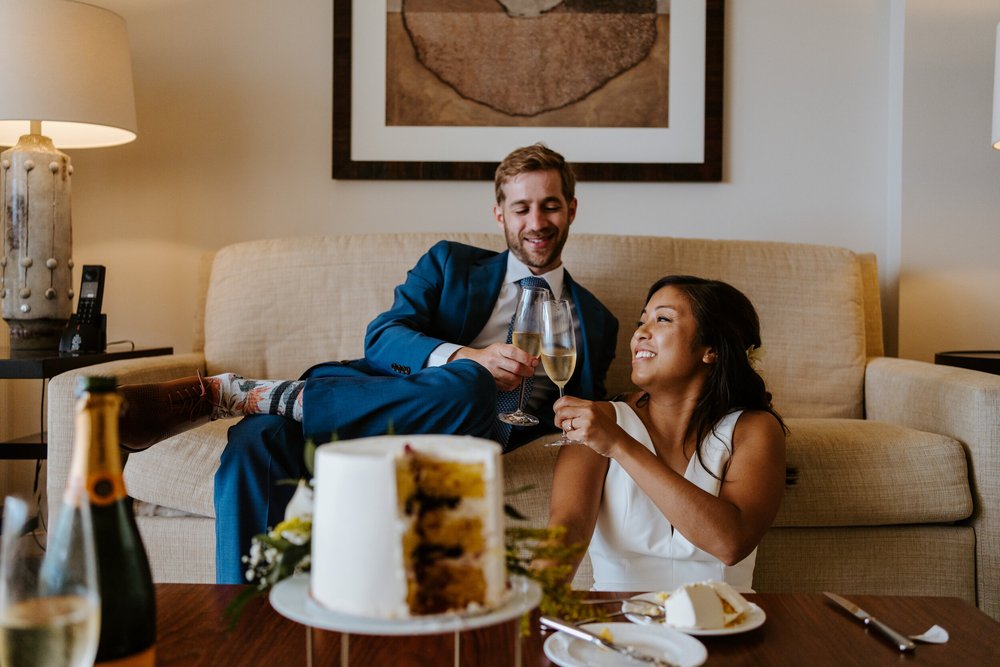 Hawaiian elopement cake cutting | Four Seasons Ko Olina Wedding | Oahu Elopement Photographer | Hawaii Elopement Photographer | Oahu Wedding Photographer