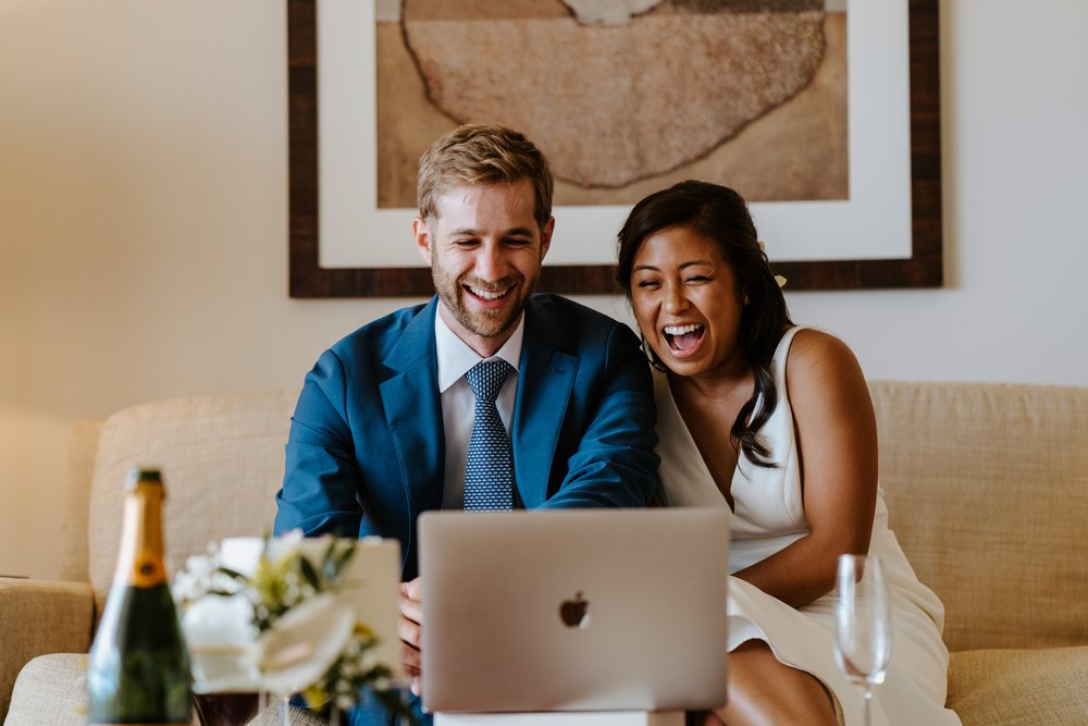 Hawaiian elopement cake cutting | Four Seasons Ko Olina Wedding | Oahu Elopement Photographer | Hawaii Elopement Photographer | Oahu Wedding Photographer