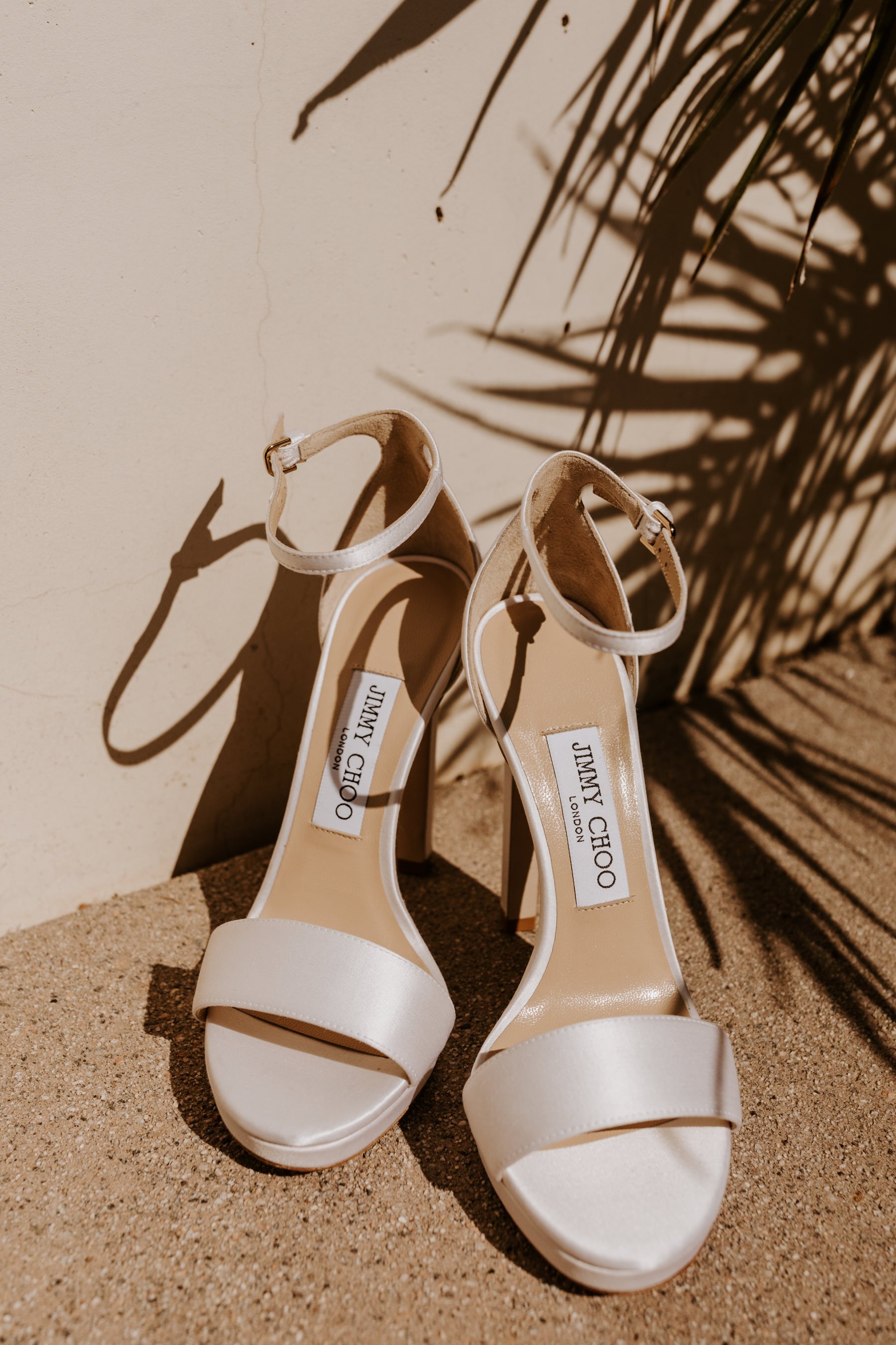 Custom white Jimmy Choo wedding shoes with last name engraved, Wedding Getting Ready at La Serena Villas Palm Springs, Palm Springs Wedding Photographer