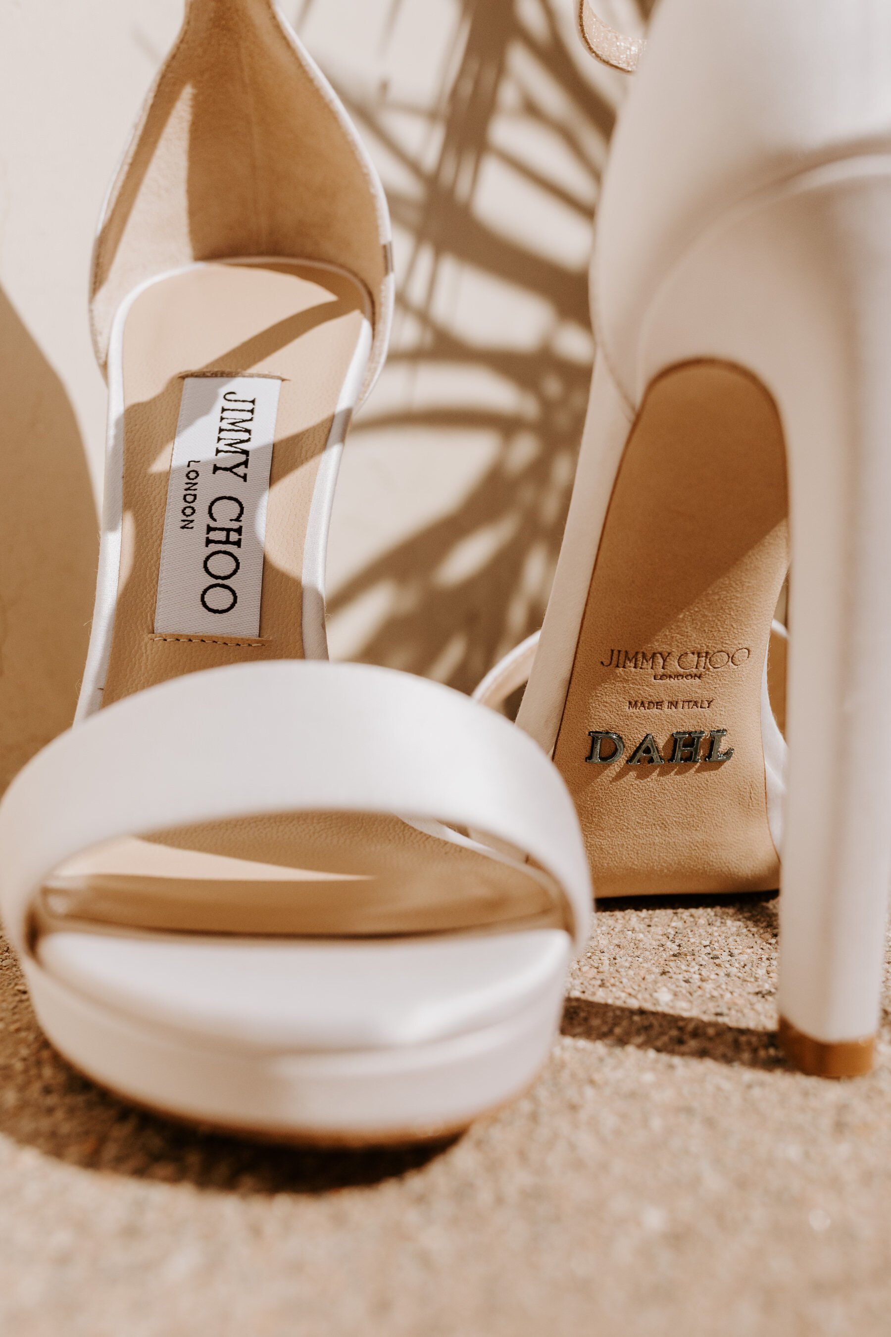 Custom white Jimmy Choo wedding shoes with last name engraved, Wedding Getting Ready at La Serena Villas Palm Springs, Palm Springs Wedding Photographer