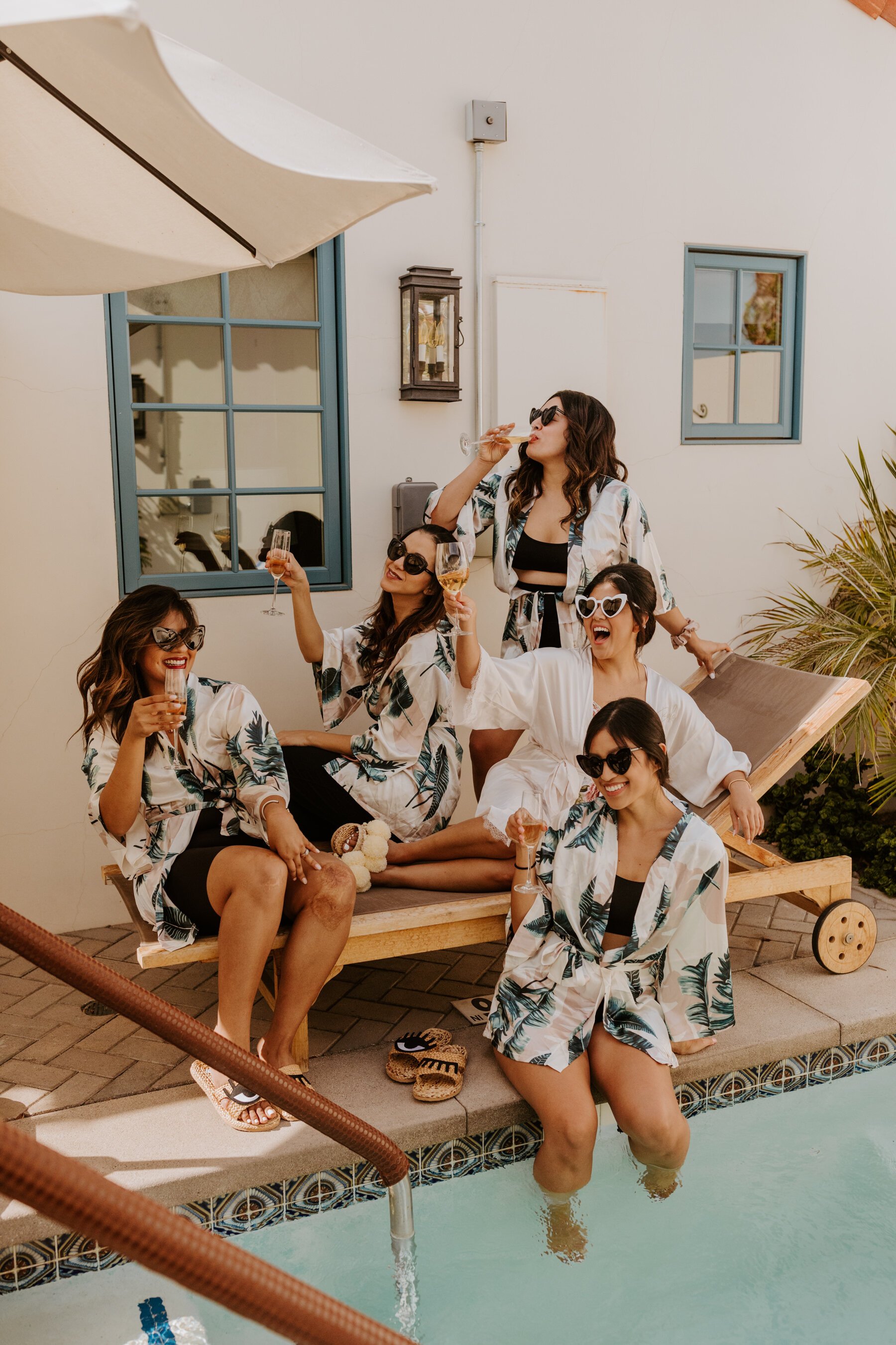 Bridesmaids in matching Tropical Robes by the pool at La Serena Villas Palm Springs, Palm Springs Wedding Photographer, Photo by Tida Svy