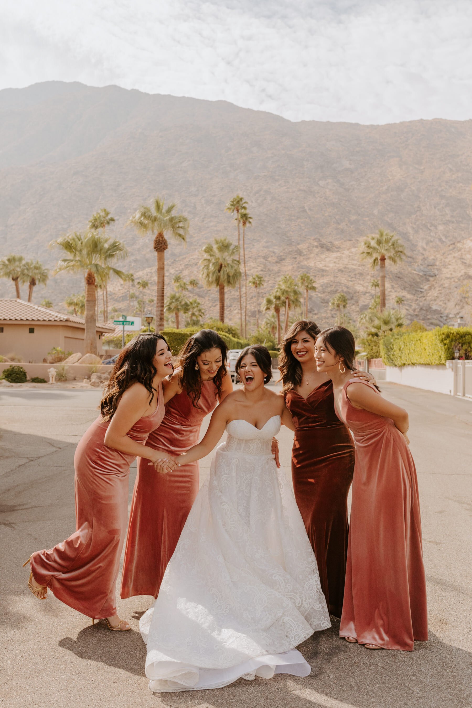 Velvet dusty rose colored bridesmaid dresses in Palm Springs, Palm Springs Wedding Photographer, Tida Svy Photo