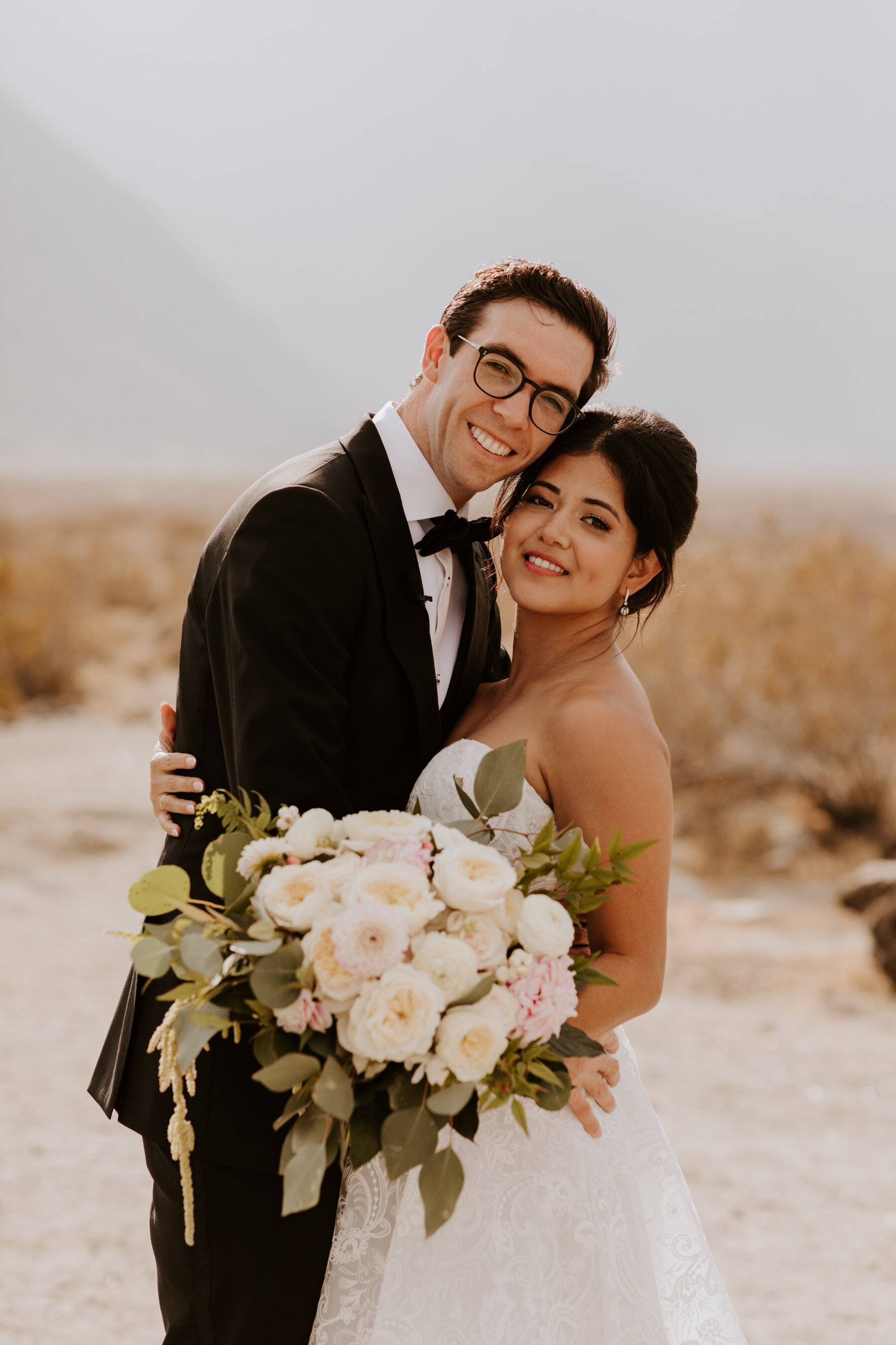 Bride and Groom close up portrait in Palm Springs, Palm Springs Wedding and Elopement Photographer, Photo by Tida Svy