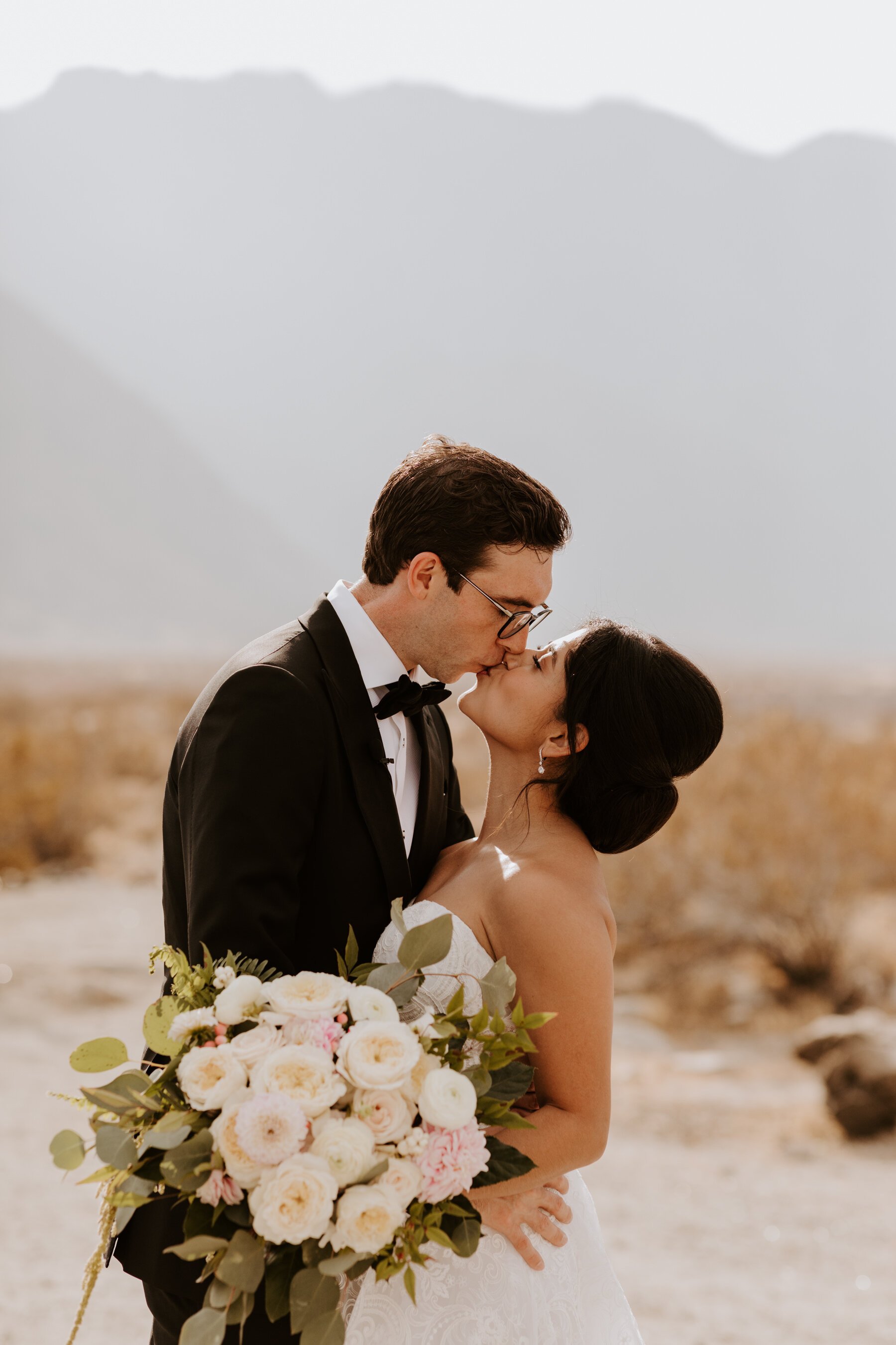 Bride and Groom close up portrait in Palm Springs, Palm Springs Wedding and Elopement Photographer, Photo by Tida Svy