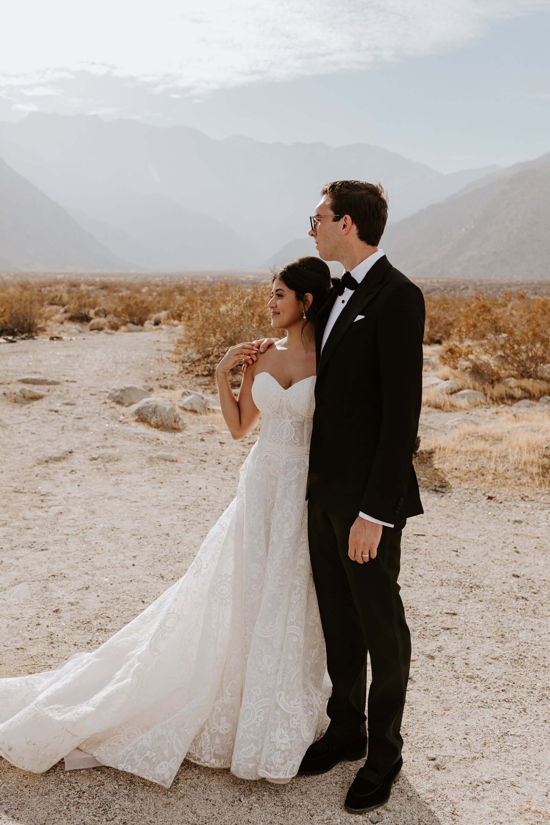 Bride and Groom full-length portrait, Palm Springs Wedding and Elopement Photographer, Photo by Tida Svy