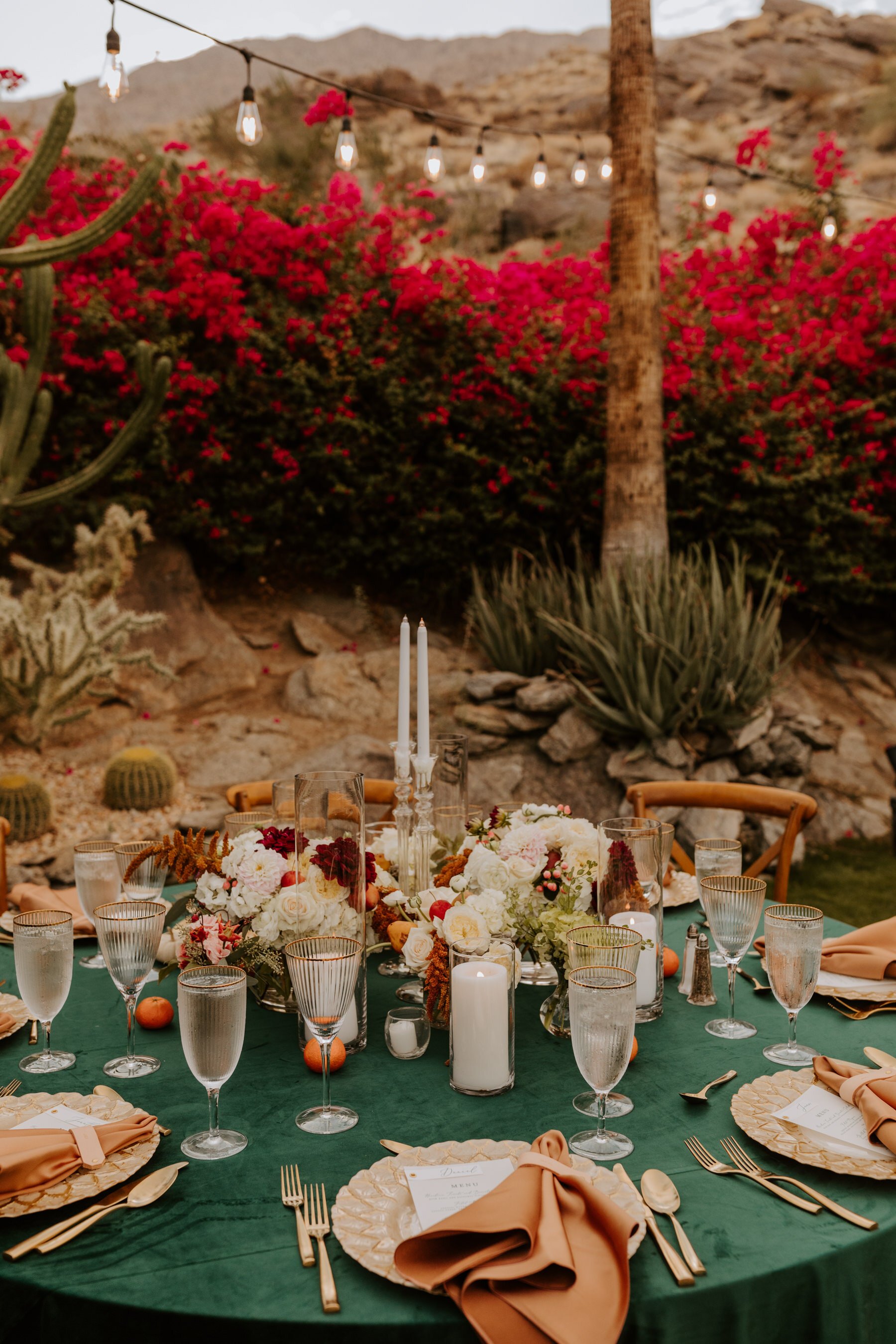 Jewel Toned Wedding Table Setting, Velvet Teal tablecloth with burgundy, white, orange, citrus, centerpiece, Palm Springs Wedding Inspo, Spencer’s Restaurant Palm Springs Wedding, Tida Svy Photo