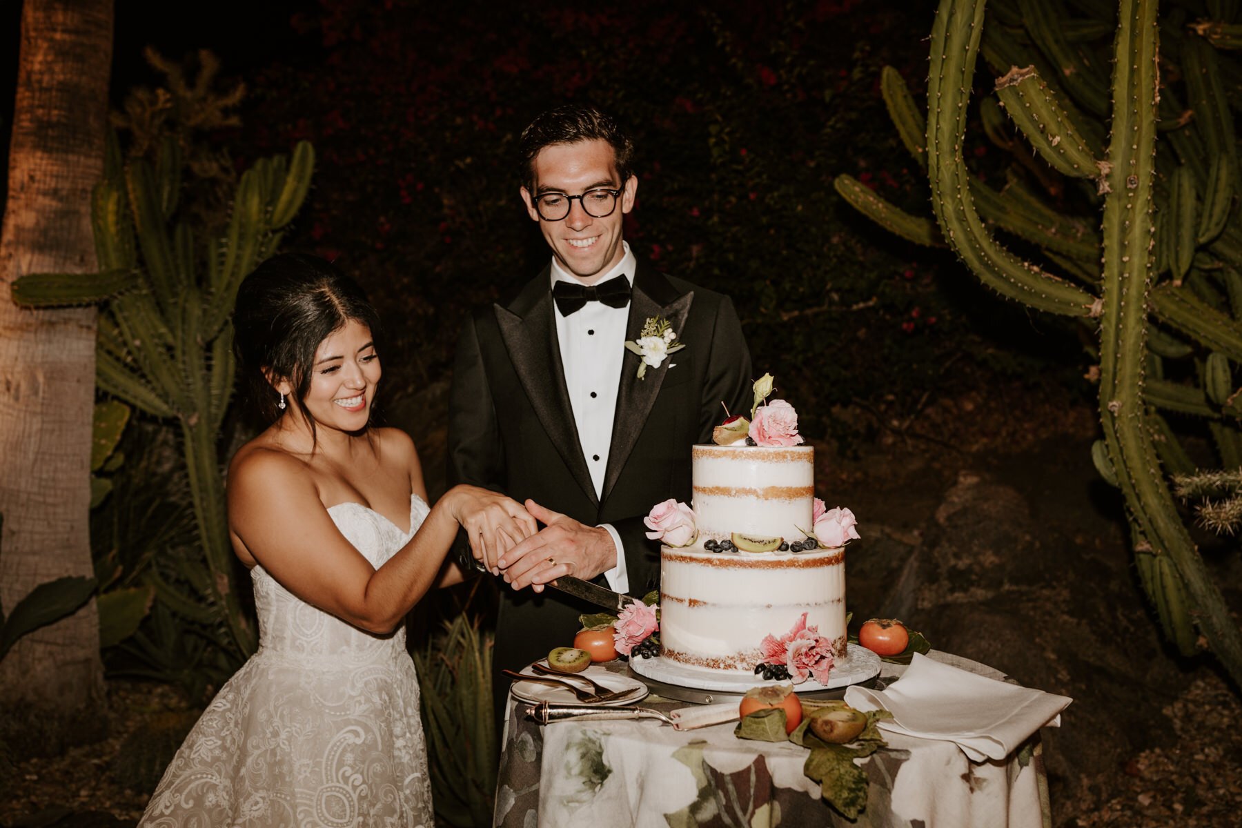Bride and Groom cake cutting, Spencer’s Restaurant Palm Springs Wedding, Palm Springs Wedding Photographer, Tida Svy Photography