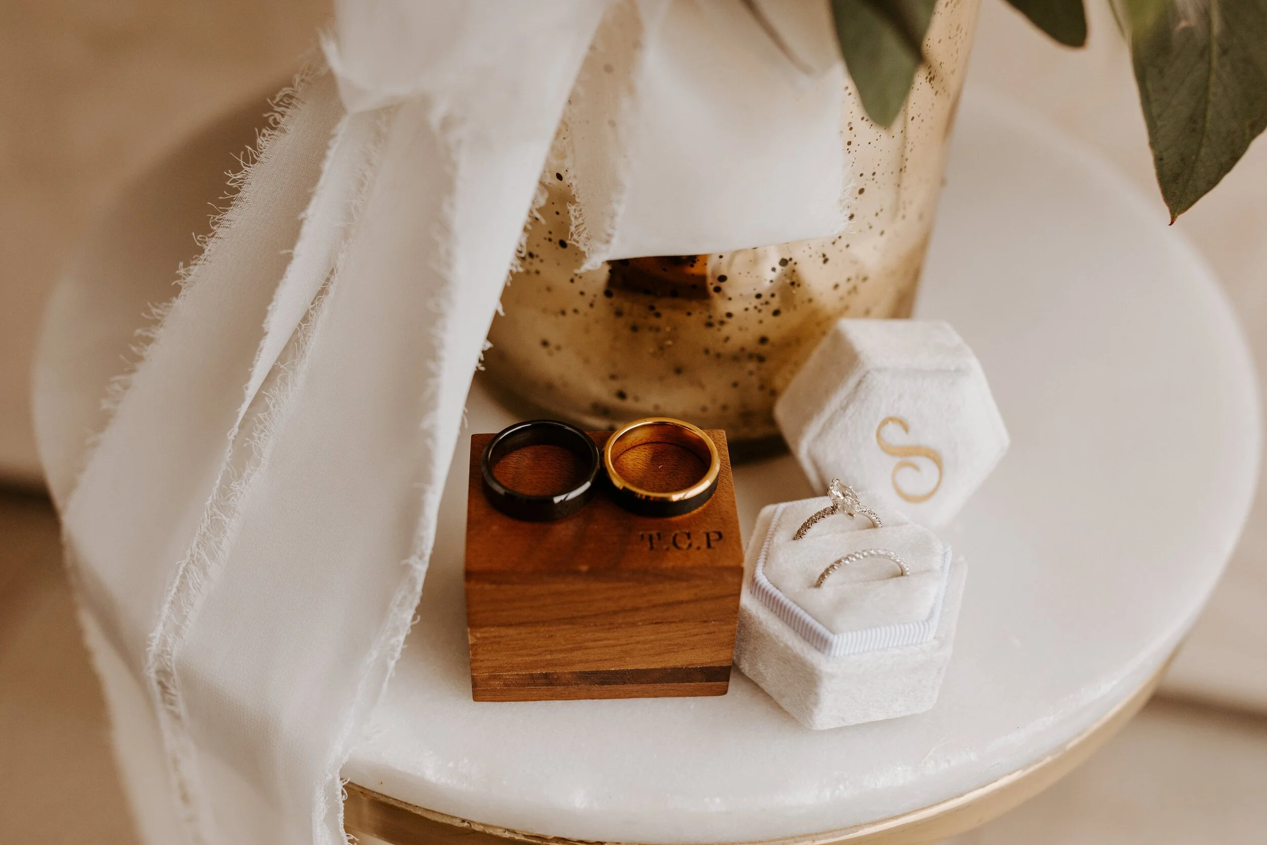 Bride and Groom ring detail photo, custom ring box, Rancho Palos Verdes wedding, Photo by Tida Svy