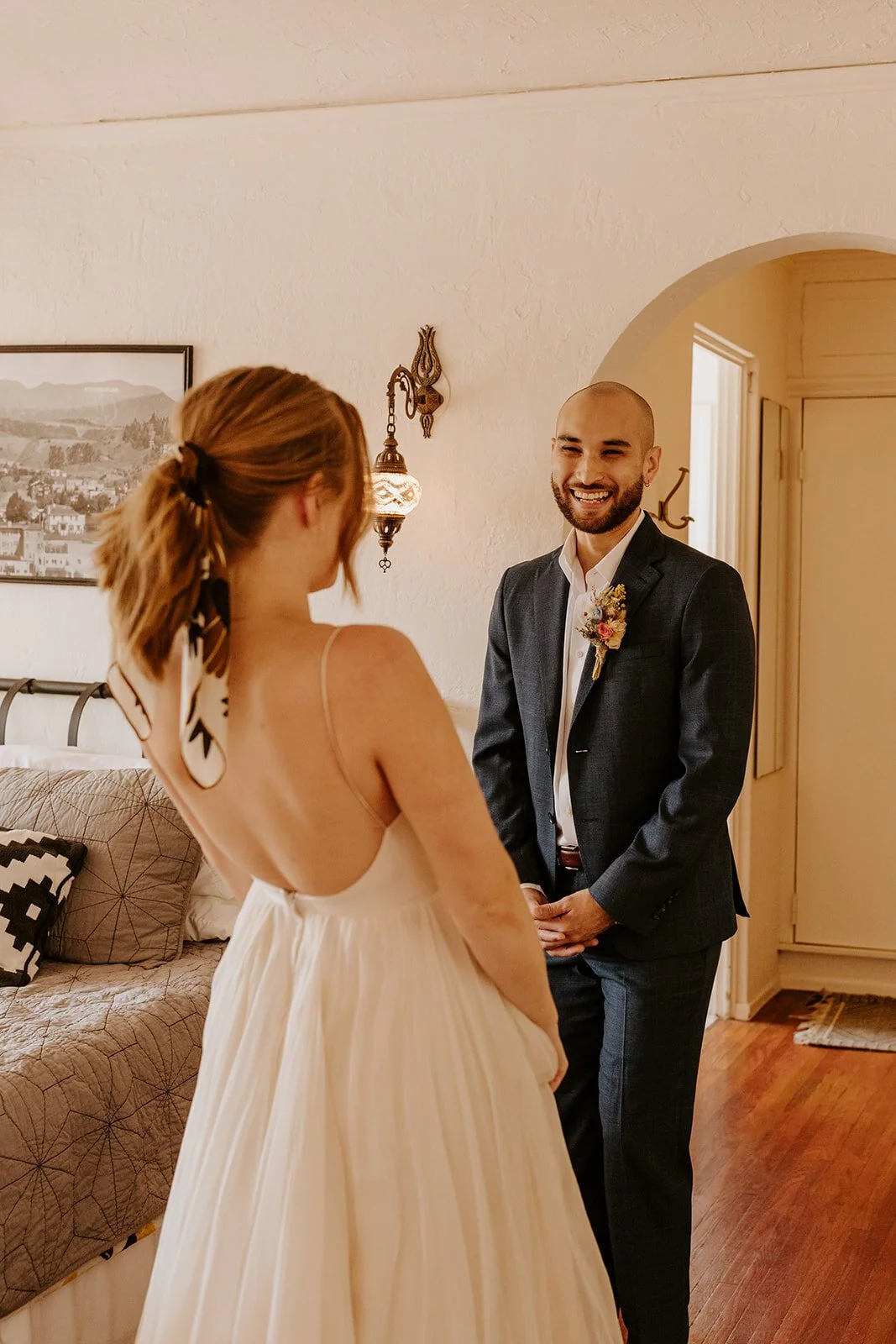 Emotional first look, Los Angeles airbnb wedding, zoom wedding, virtual wedding, covid wedding, Los Angeles elopement, Los Angeles Wedding Photographer, Photo by Tida Svy | www.tidasvy.com