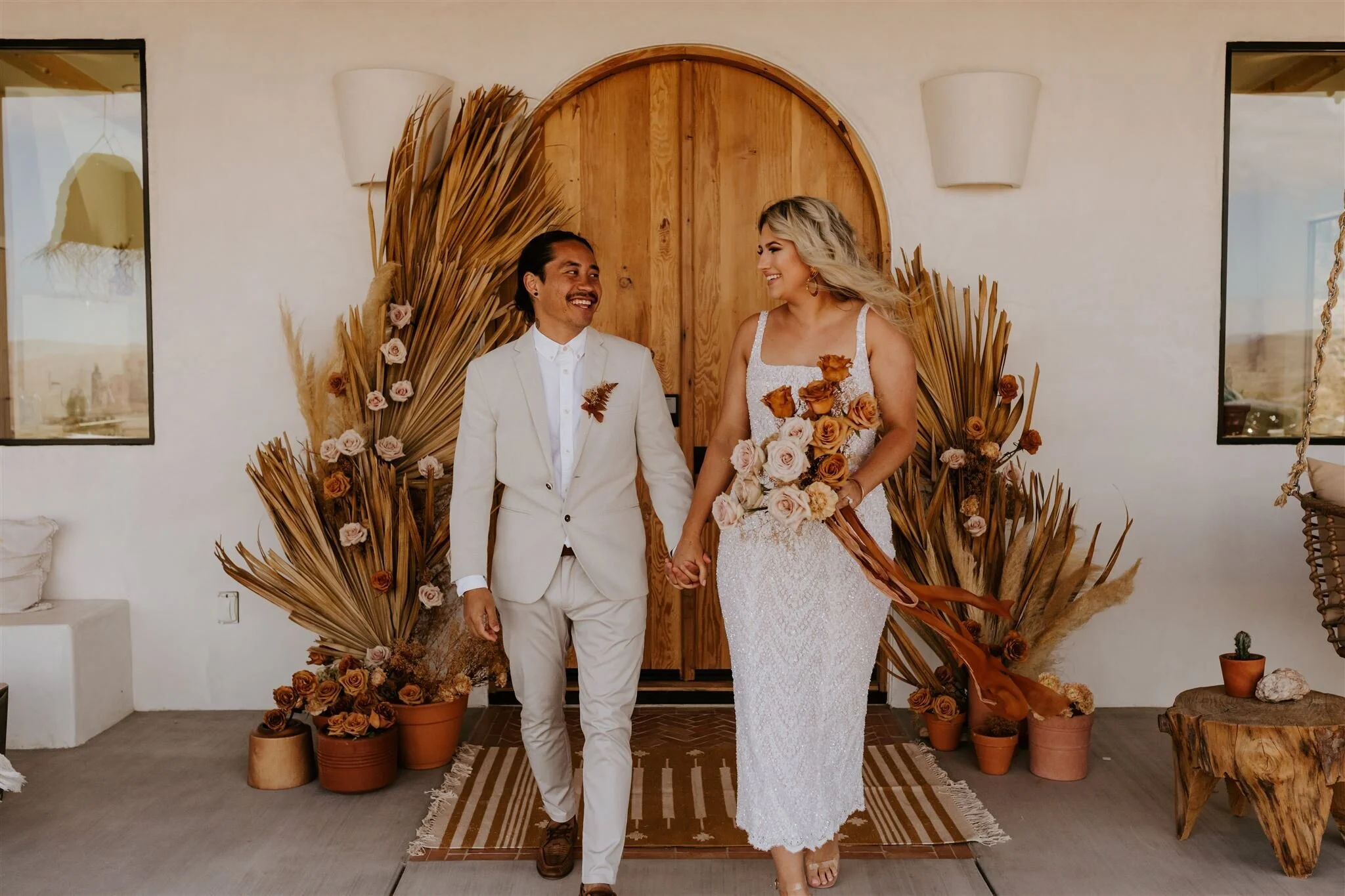 Elopement Couple in Boho Midi Wedding Dress and Khaki Suit
