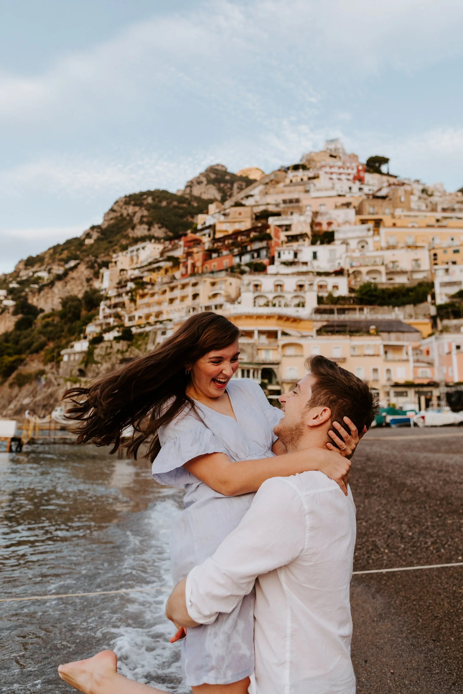 Positano Engagement Photos, Italy Engagement Photos, Positano Wedding Photographer, Destination Wedding Photographer, Playful couples photos running through beach and ocean, Tida Svy