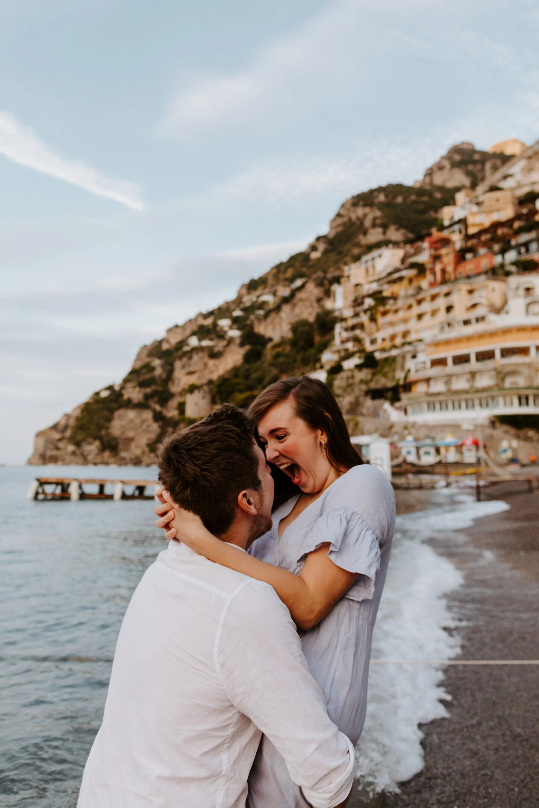 Positano Engagement Photos, Italy Engagement Photos, Positano Wedding Photographer, Destination Wedding Photographer, Playful couples photos running through beach and ocean, Tida Svy