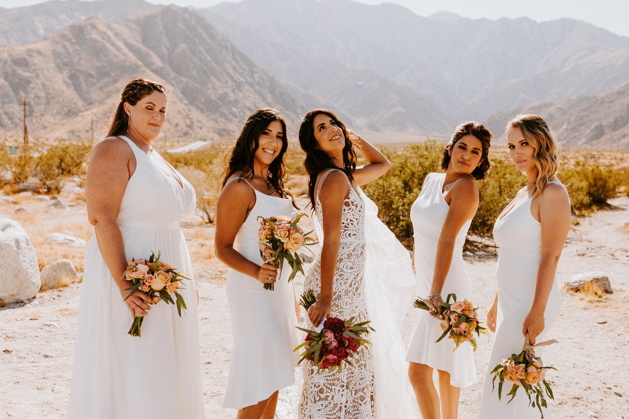 All white bridesmaid dress inspiration | Desert Palm Springs Bridesmaid Photo | Avalon Hotel and Bugalows | Palm Springs Wedding Photographer | Tida Svy Photography | www.tidasvy.com