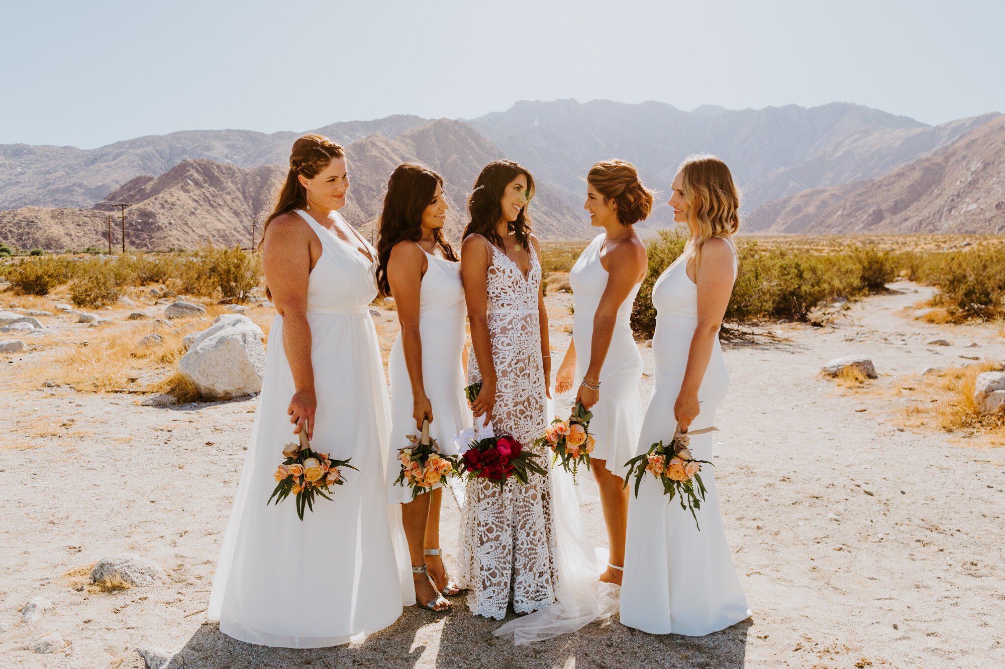 All white bridesmaid dress inspiration | Desert Palm Springs Bridesmaid Photo | Avalon Hotel and Bugalows | Palm Springs Wedding Photographer | Tida Svy Photography | www.tidasvy.com