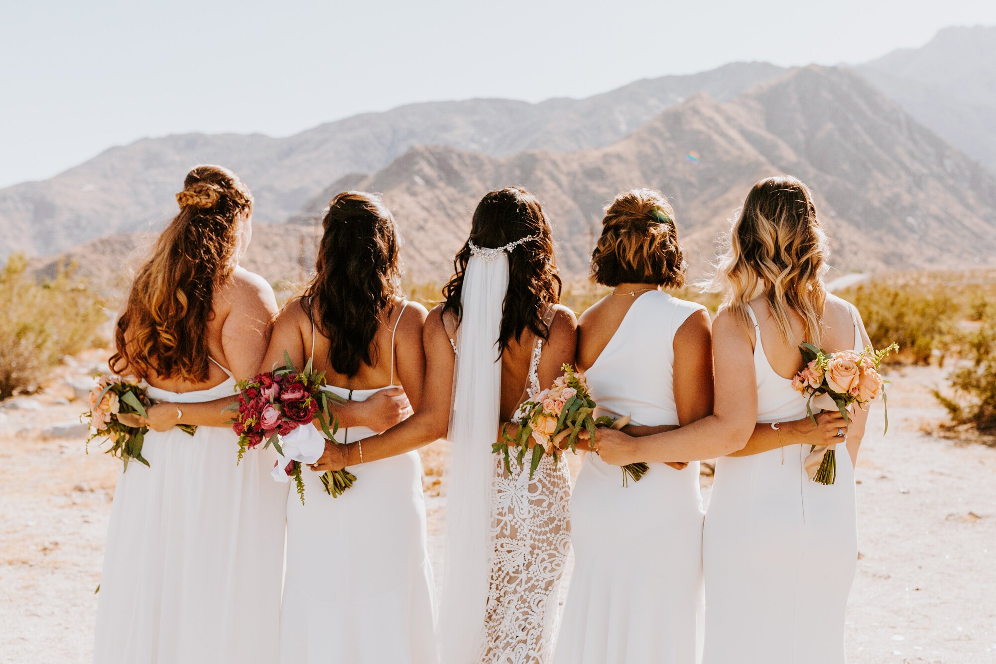 All white bridesmaid dress inspiration | Desert Palm Springs Bridesmaid Photo | Avalon Hotel and Bugalows | Palm Springs Wedding Photographer | Tida Svy Photography | www.tidasvy.com