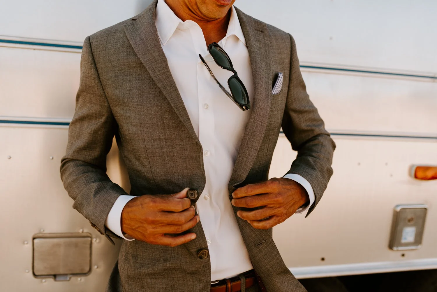 Groom portrait airstream | Le Haut Desert Aerie Wedding | Joshua Tree Wedding Photographer | Tida Svy | www.tidasvy.com